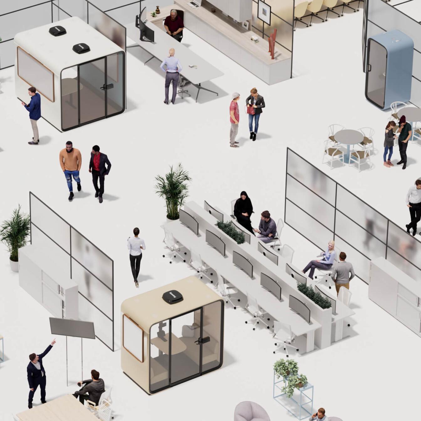 Floorplan of an open office with Framery smart pods 