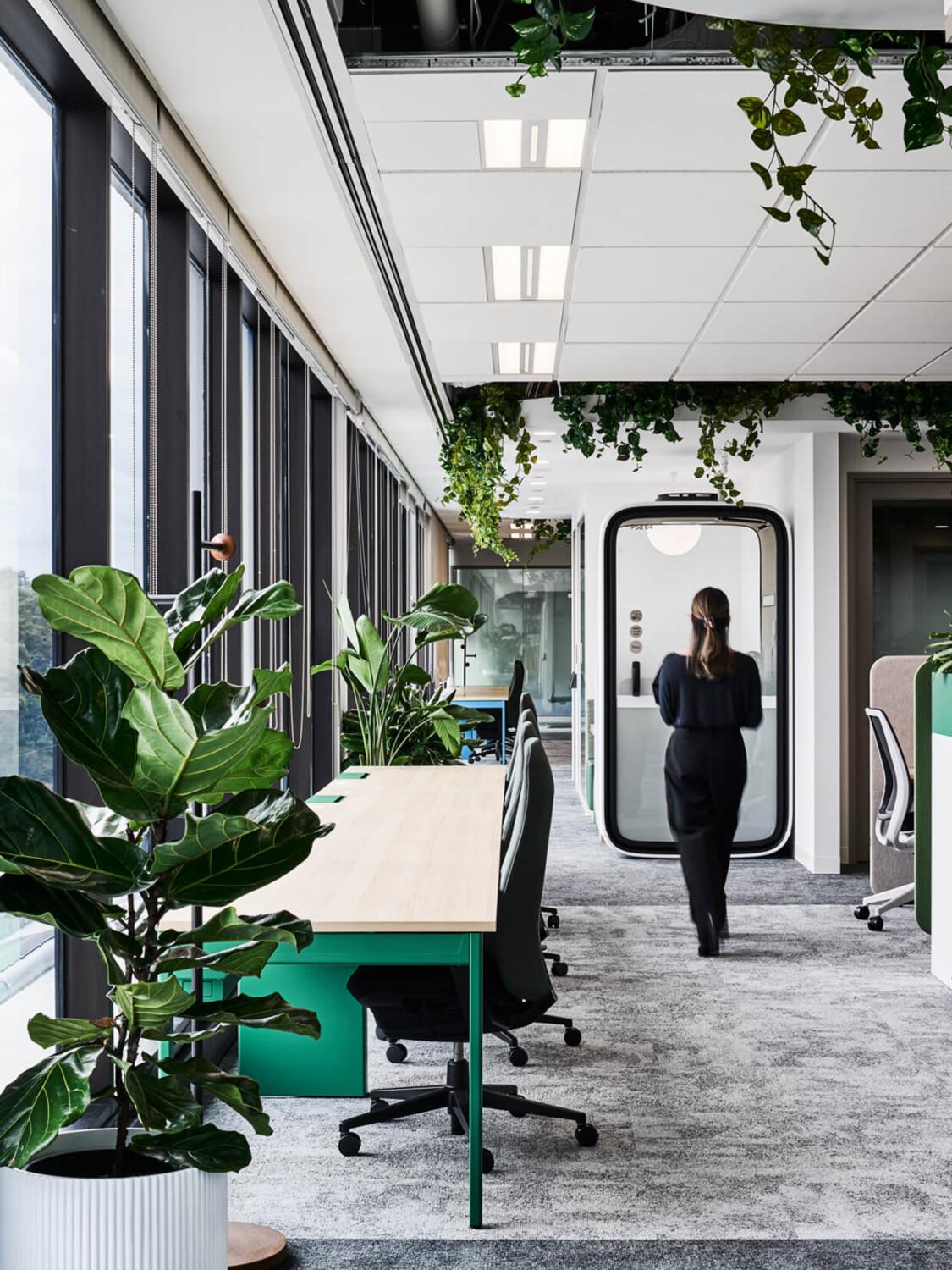 A person walking away in an office hallway with plants.
