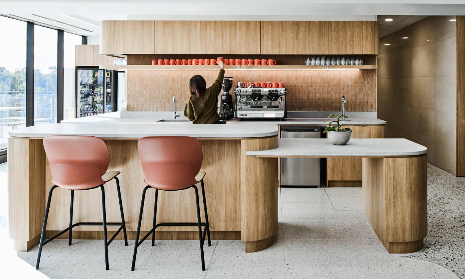 A modern wooden office kitchen.