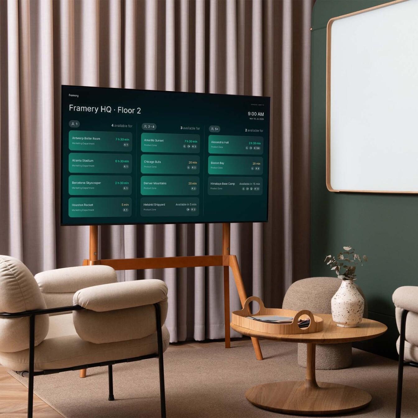 A large screen portraying Framery Space Overview, which shows all available meeting spaces and office phone booths.
