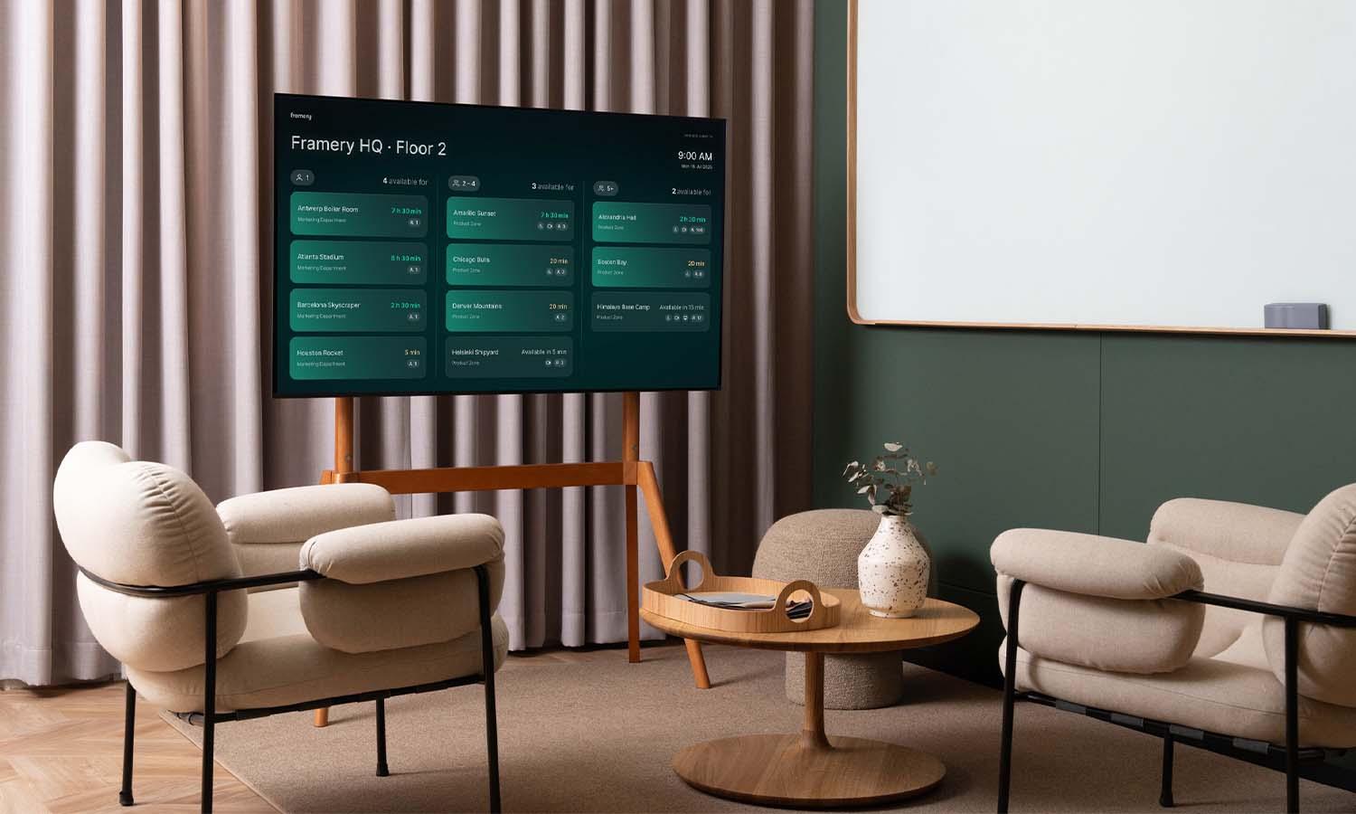 A screen showing the available spaces with Framery Space Overview. 