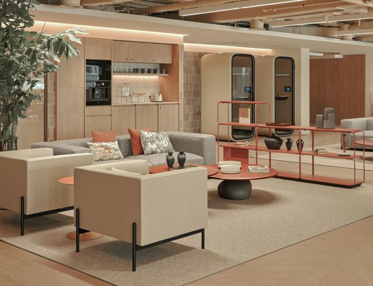 A beautiful and stylish beige toned office common area.