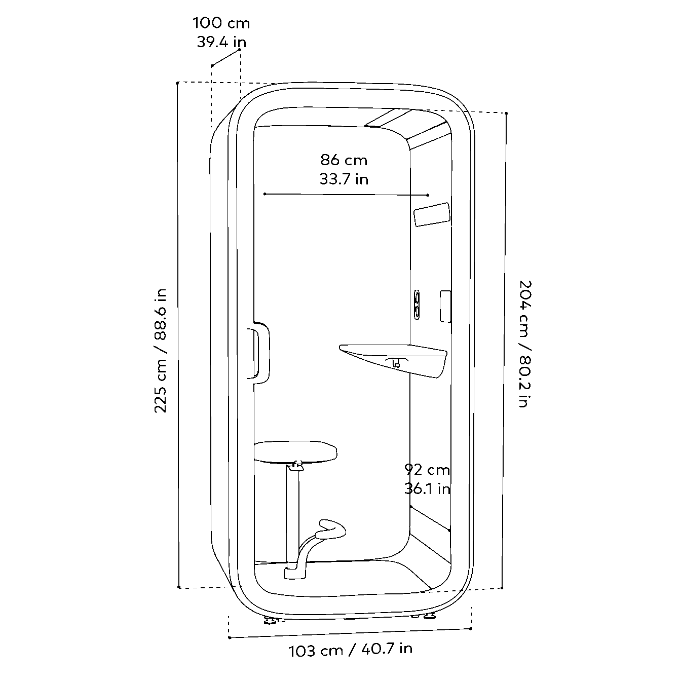 Framery One Compact smart pod line drawing with dimensions in centimeters and inches.