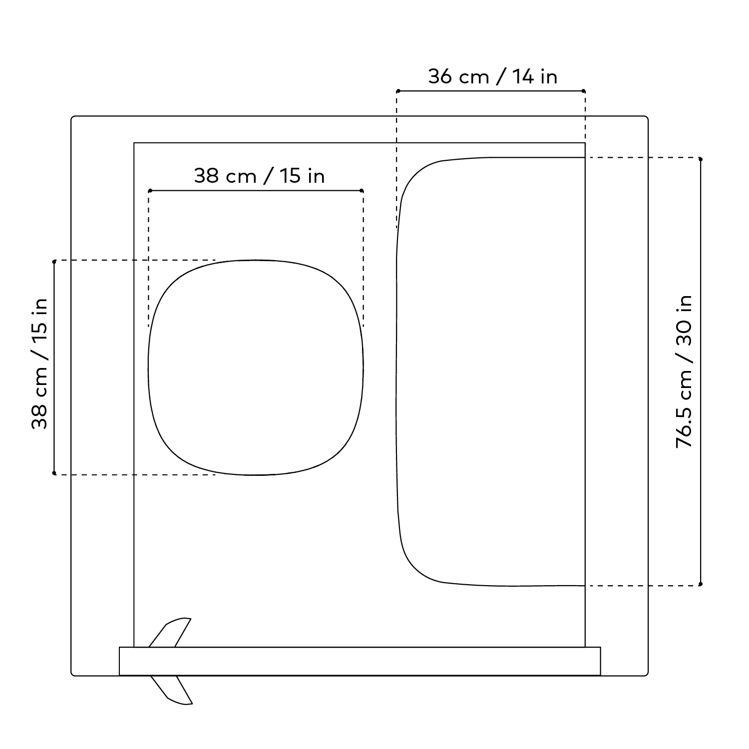 Geometric line drawing of Framery One Compact pod layout with precise measurements, including window and length dimensions.