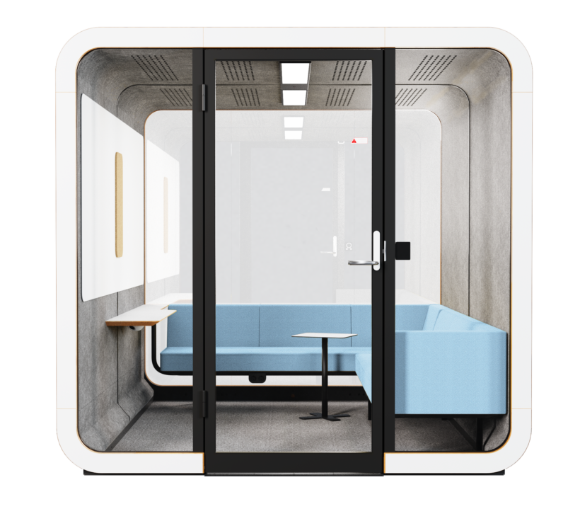 Framery 2Q Lounge meeting booth with a sofa and whiteboard