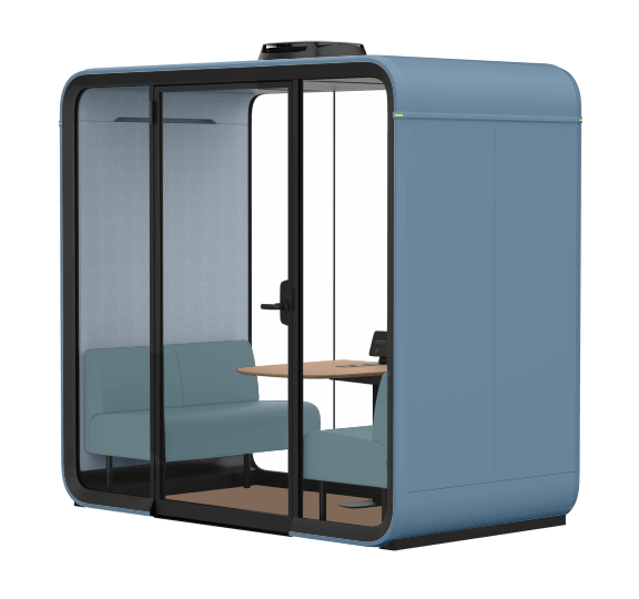 Compact, modern office booth with glass doors and a blue exterior, featuring a small table and seating inside for privacy and meetings.