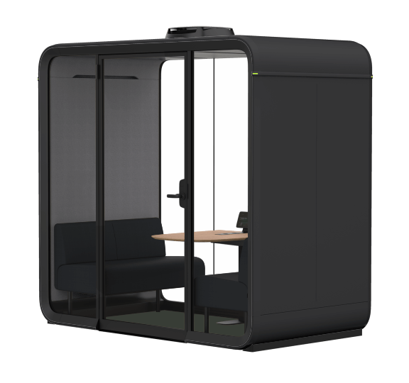 A modern, enclosed office pod with glass doors, featuring seating and a small table inside, designed for private meetings or focused work.
