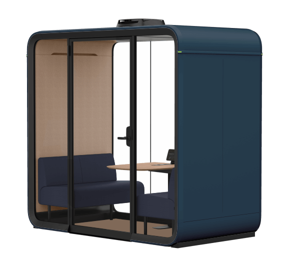 Modern, blue office pod with transparent doors, equipped with a sofa, table, and phone. Compact and designed for private conversations or work.