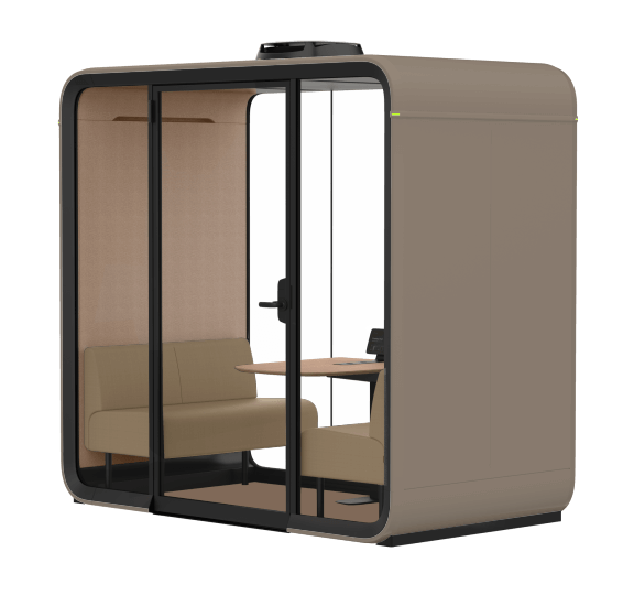 A modern, compact office pod with glass doors. Features a small workspace and seating, designed for privacy and focus in open environments.
