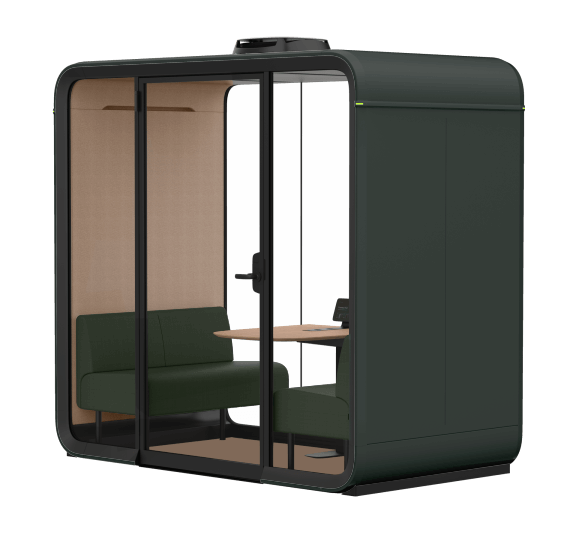 A modern, compact office pod with glass doors, green seating, and a wooden table, designed for privacy and focused work in various environments.