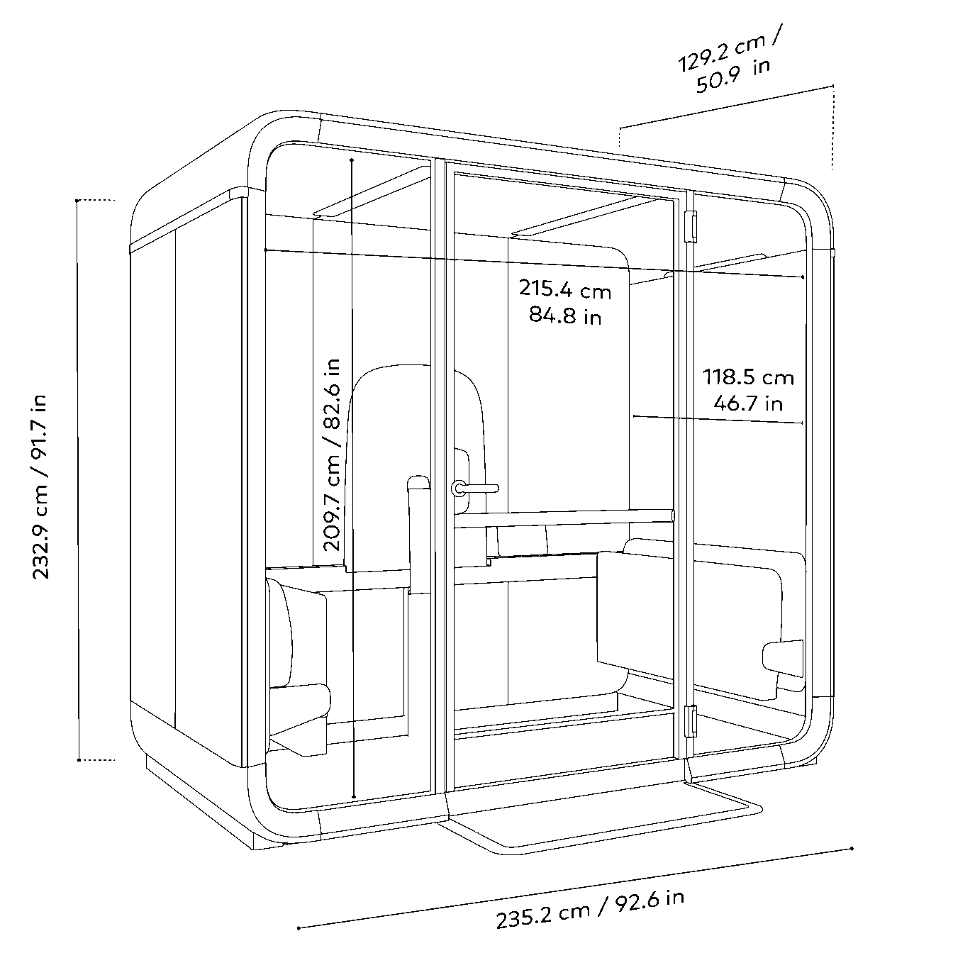 Technical drawing of Framery Four Accessible smart meeting pod with main dimensions in centimeters and inches.