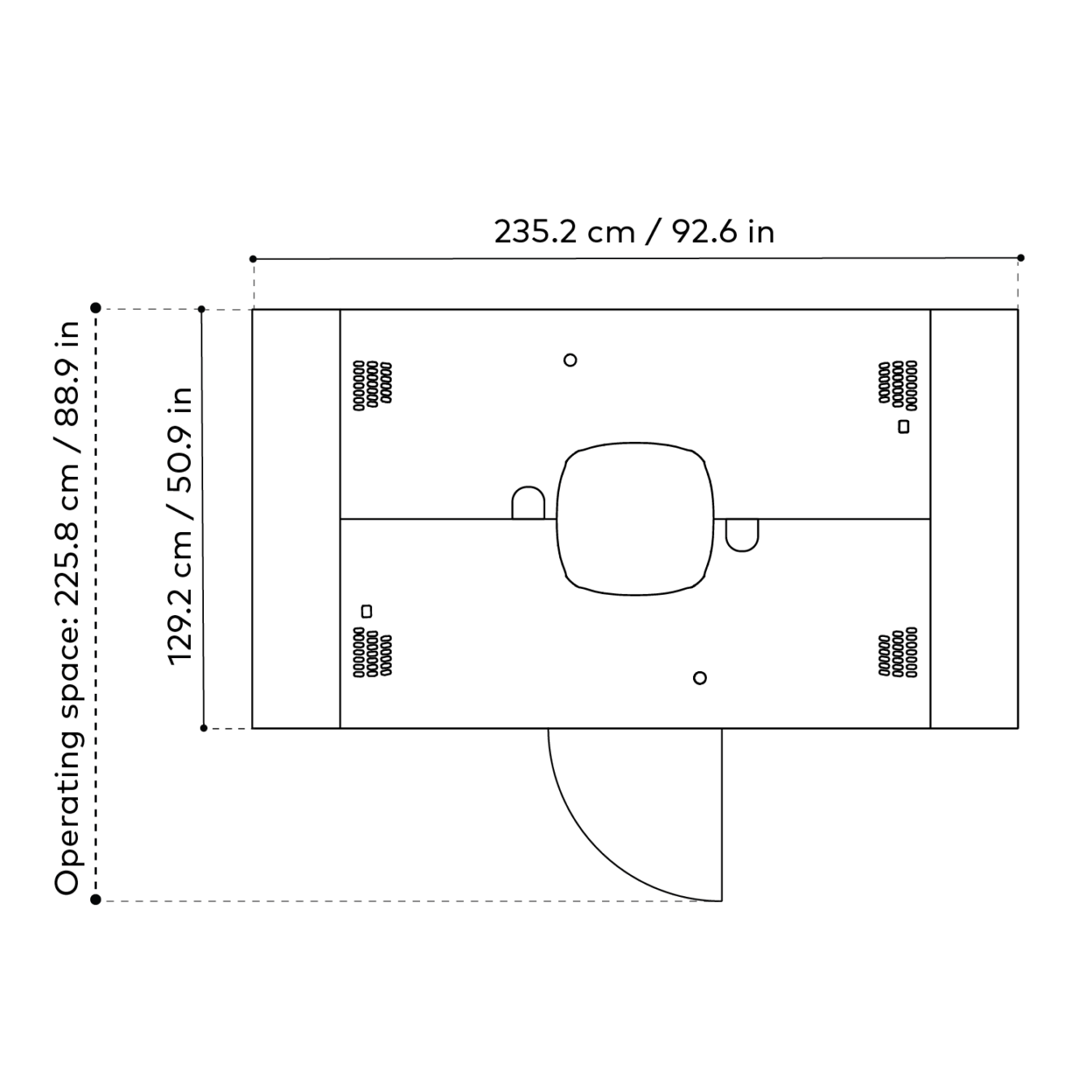 Technical drawing of Framery Four Accessible smart meeting pod from top view, with door operating space dimensions in cm and inches.