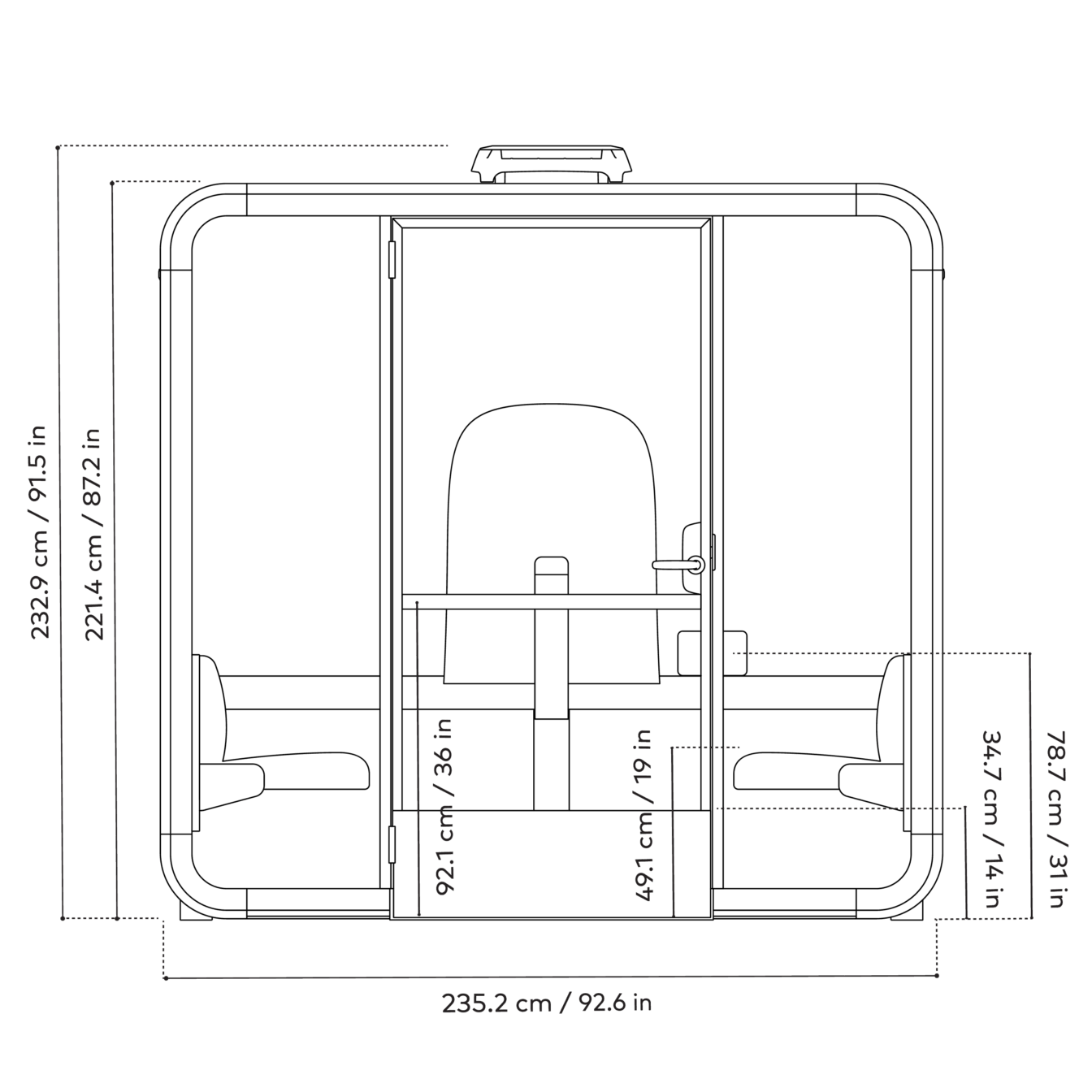 Technical drawing of Framery Four Accessible smart meeting pod from front view, with main dimensions in centimeters and inches.
