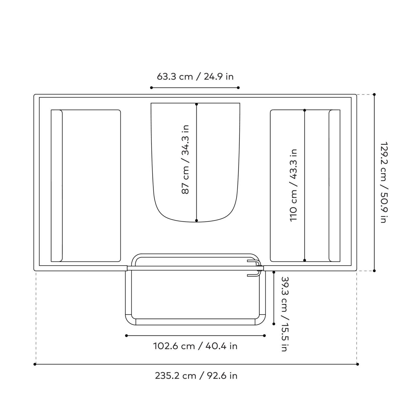 Technical drawing of Framery Four Accessible smart meeting pod and its furniture from top view, with main dimensions in centimeters and inches.