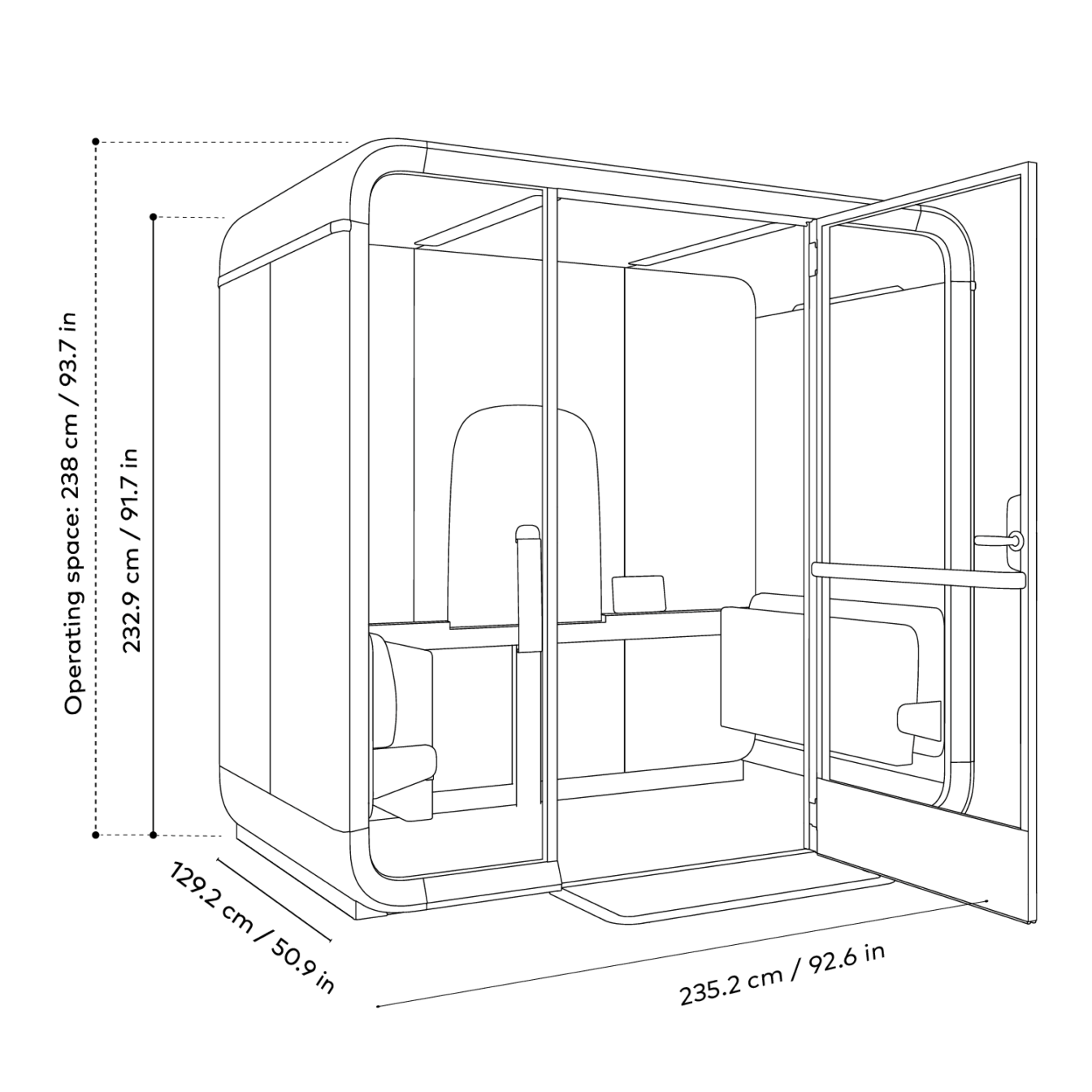Technical drawing of Framery Four Accessible smart meeting pod with operating space dimensions in centimeters and inches.