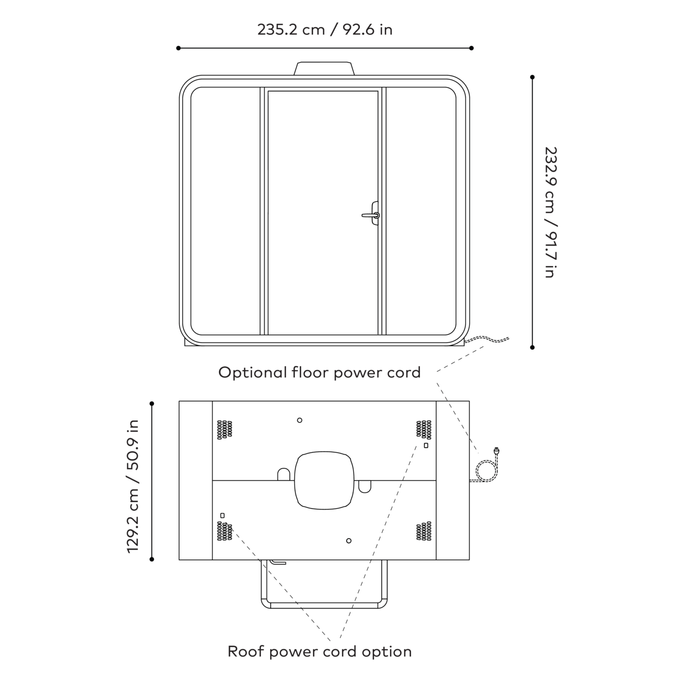 Technical drawing of Framery Four Accessible smart meeting pod with power cord dimensions in centimeters and inches.