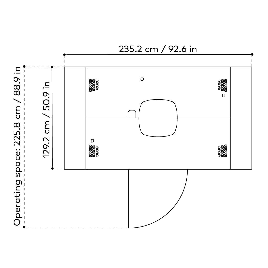 Line drawing illustrating dimensions of a Framery Four meeting pod from top view. Measurements provided in centimeters and inches.