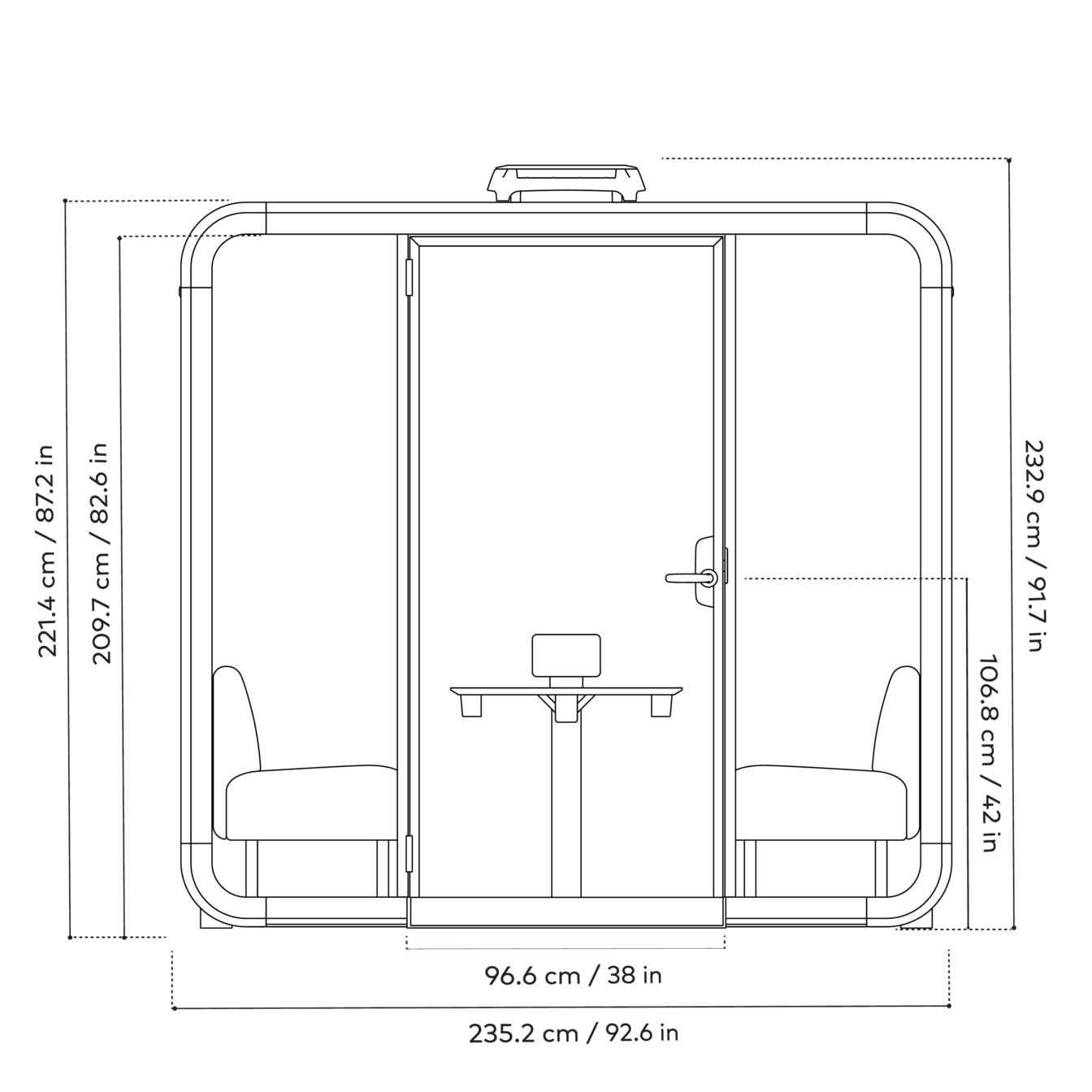 Framery Four smart pod line drawings with dimension measurements on side.