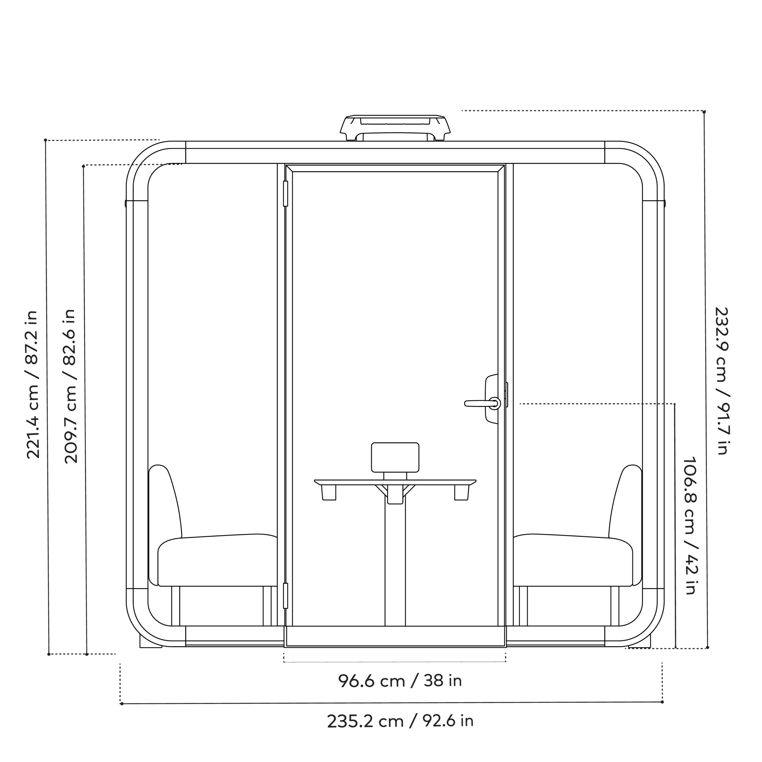 Framery Four smart pod line drawings with dimension measurements on side.