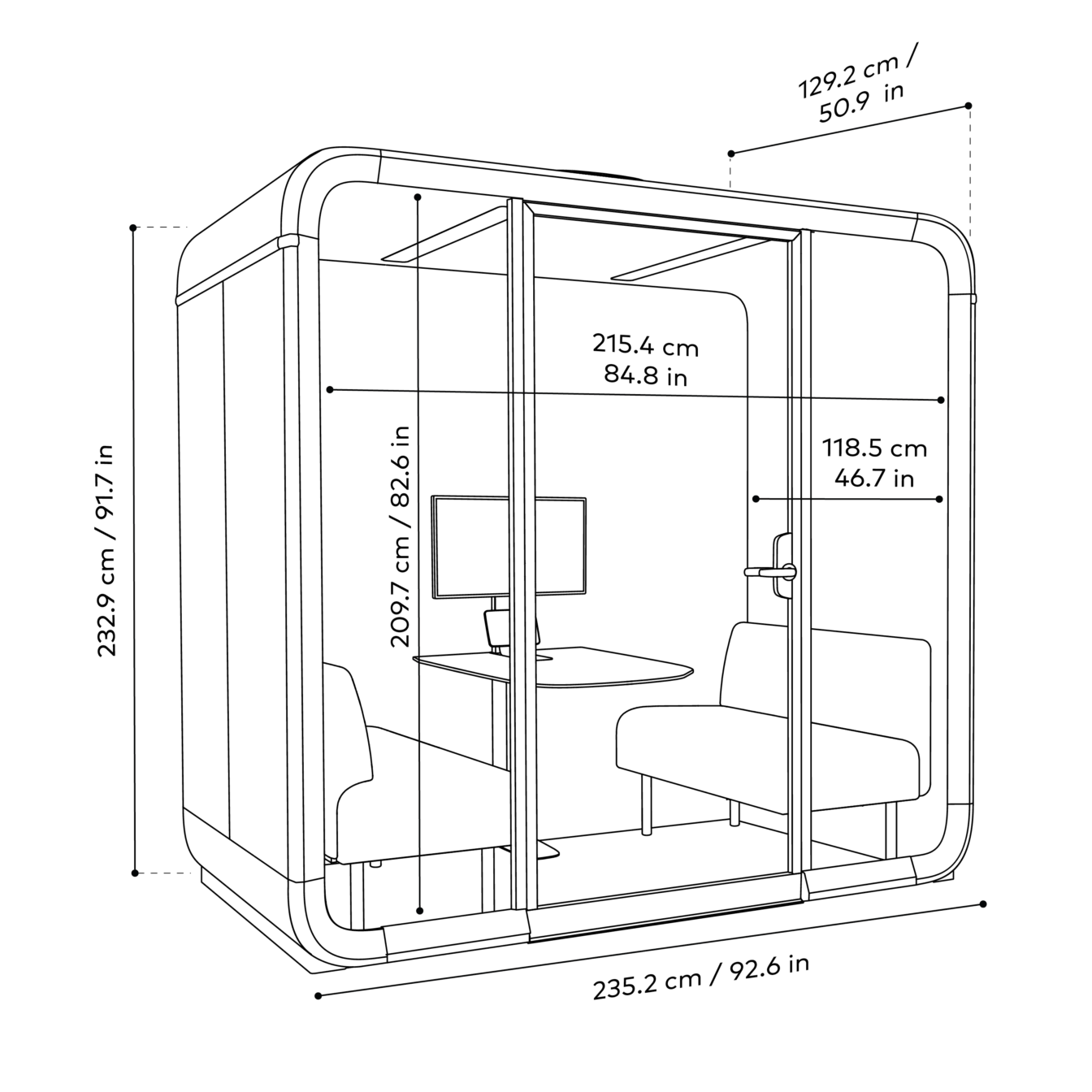 A geometric line drawing of a Framery Four smart pod with outed pod dimensions.