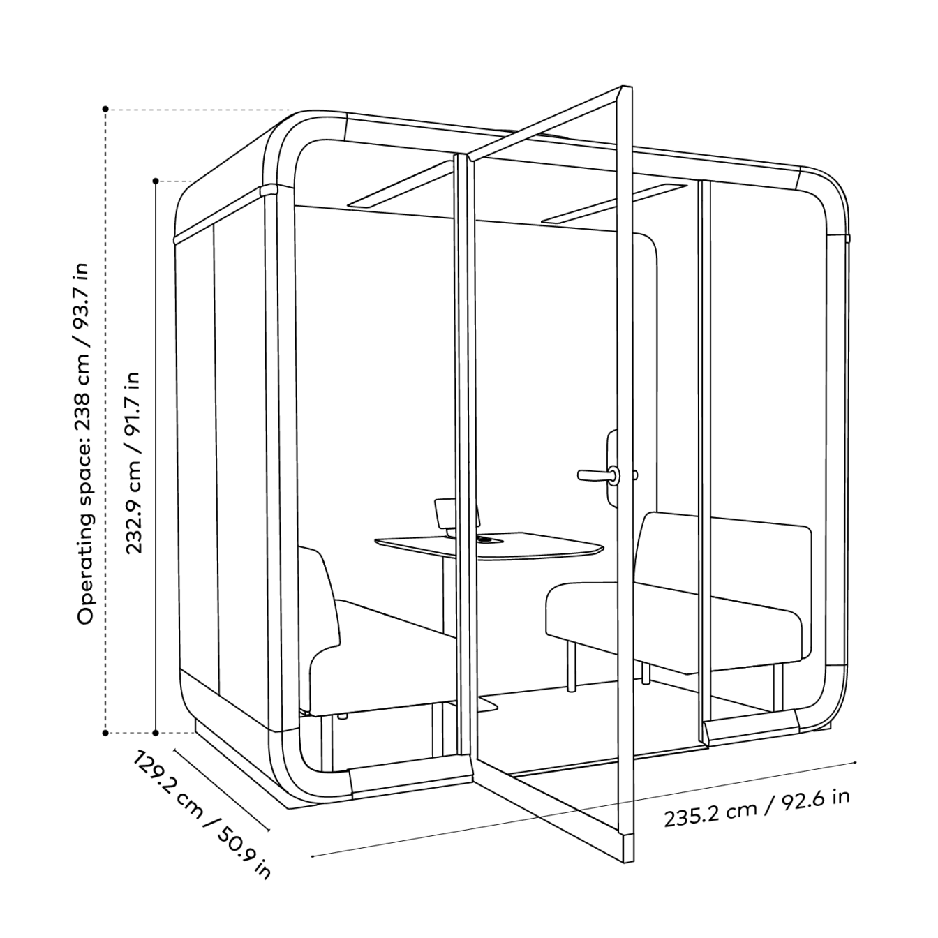 Sketch illustration of a Framery Four smart pod with dimensions and operational space outlined, including measurements in centimeters and inches.