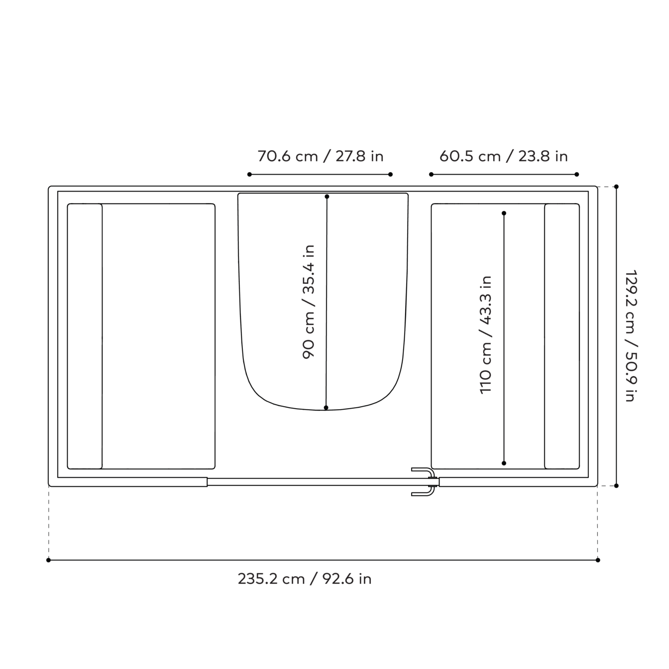 Framery Four smart meeting pod line drawing from bird view perspective, with dimensions of the furniture inside the pod.