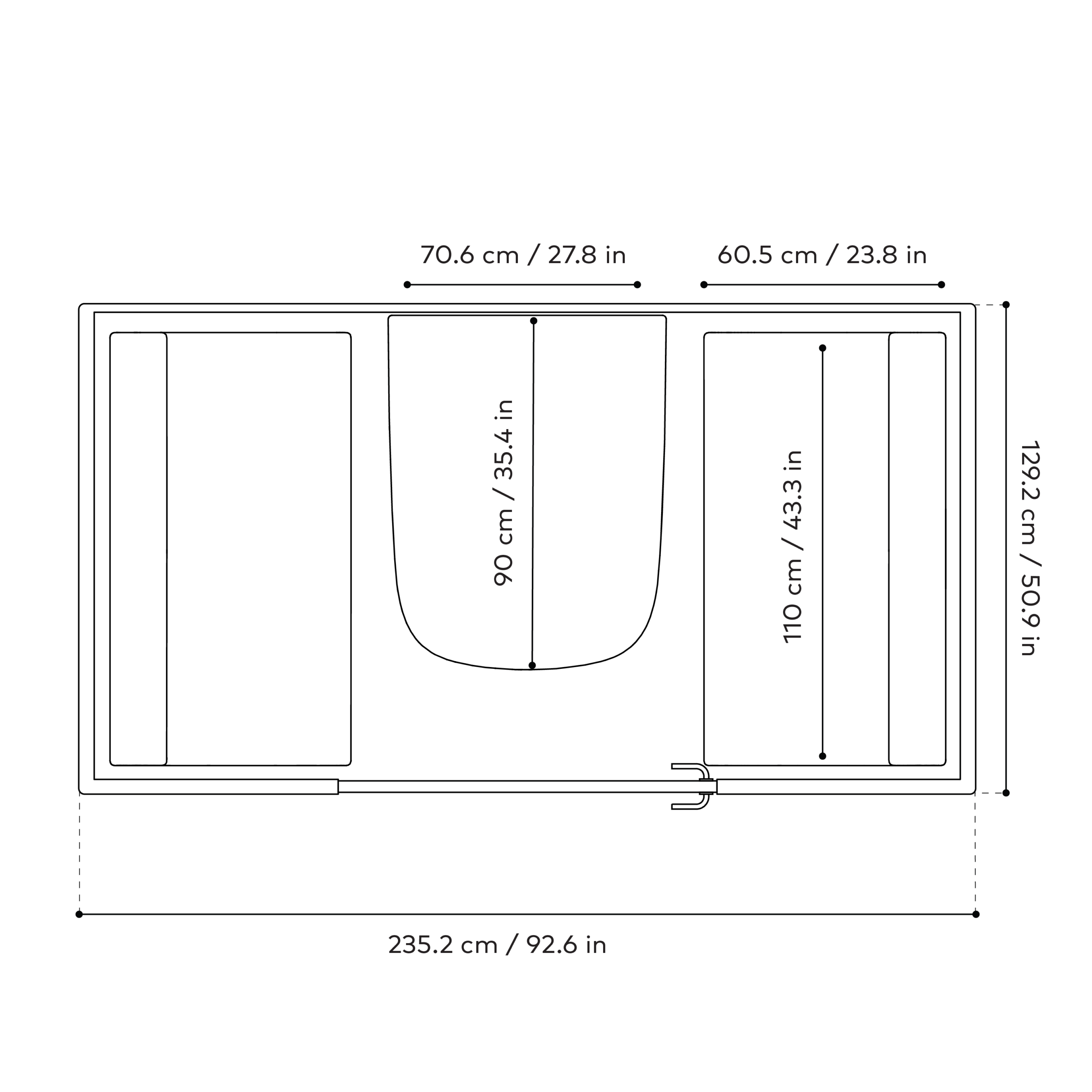 Framery Four smart meeting pod line drawing from bird view perspective, with dimensions of the furniture inside the pod.