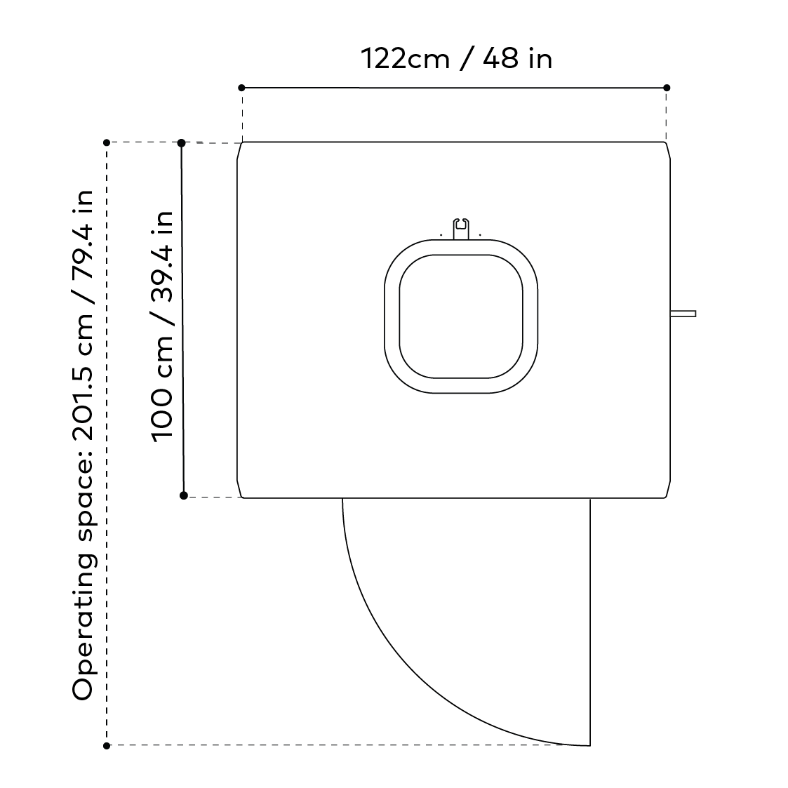 A detailed technical drawing displays the layout of a Framery One smart pod from top view, featuring measurements for doors, hinges, and clearance space.