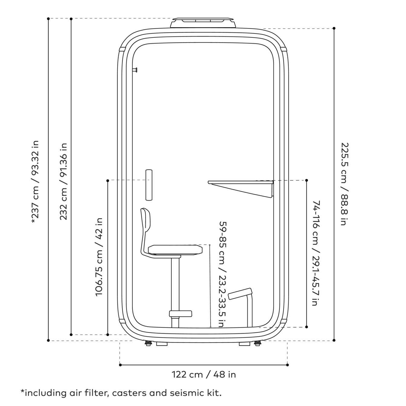 Diagram depicting the dimensions of a Framery One office pod. Measurements are shown in centimeters and inches, illustrating height, width, and depth specifications.