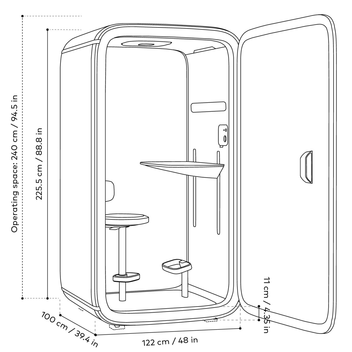 Sketch illustration of a Framery One smart pod with dimensions and operational space outlined, including measurements in centimeters and inches.