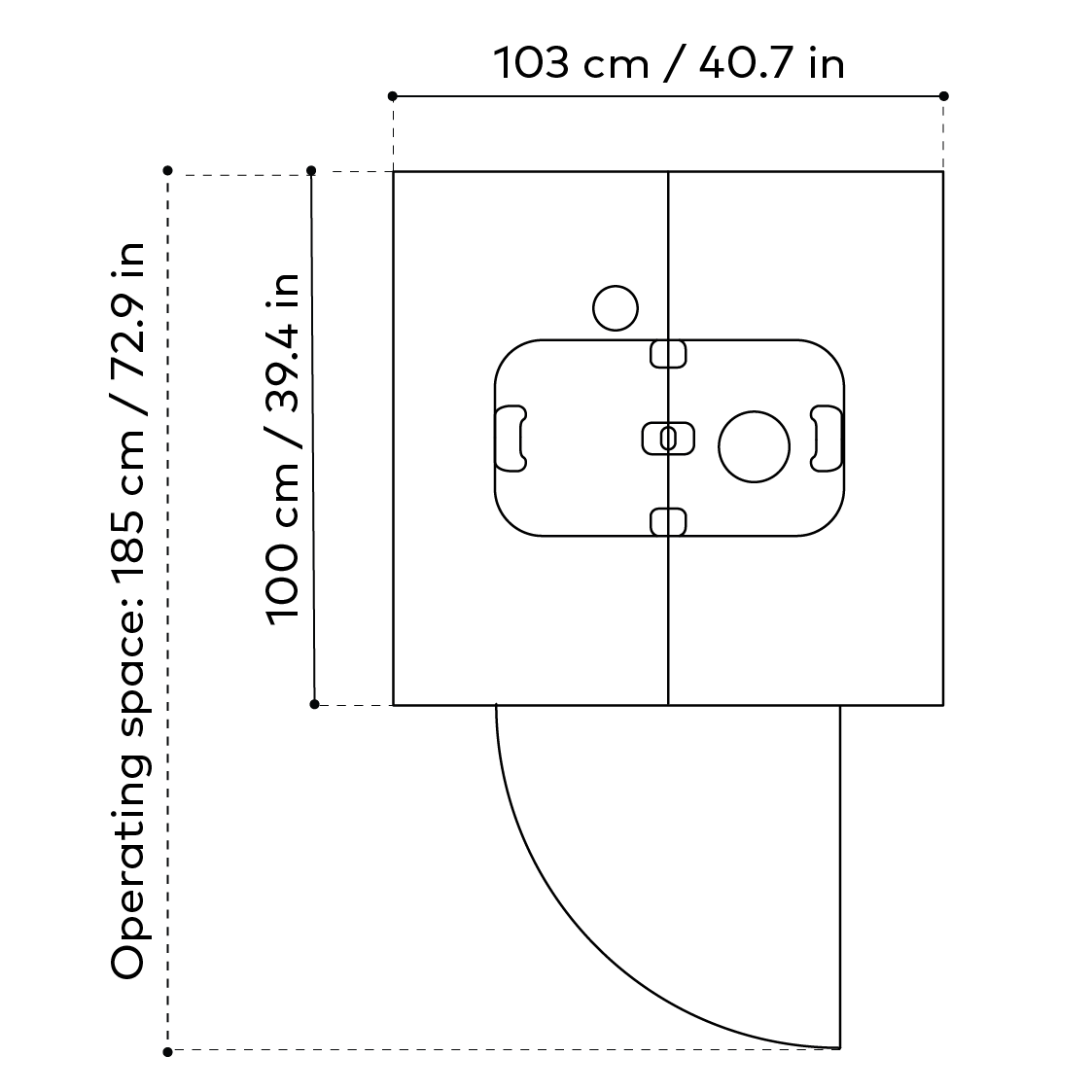 Diagram showing top view of a Framery One Compact office pod with detailed dimensions: 103 cm wide, 100 cm deep, operational space 185 cm.