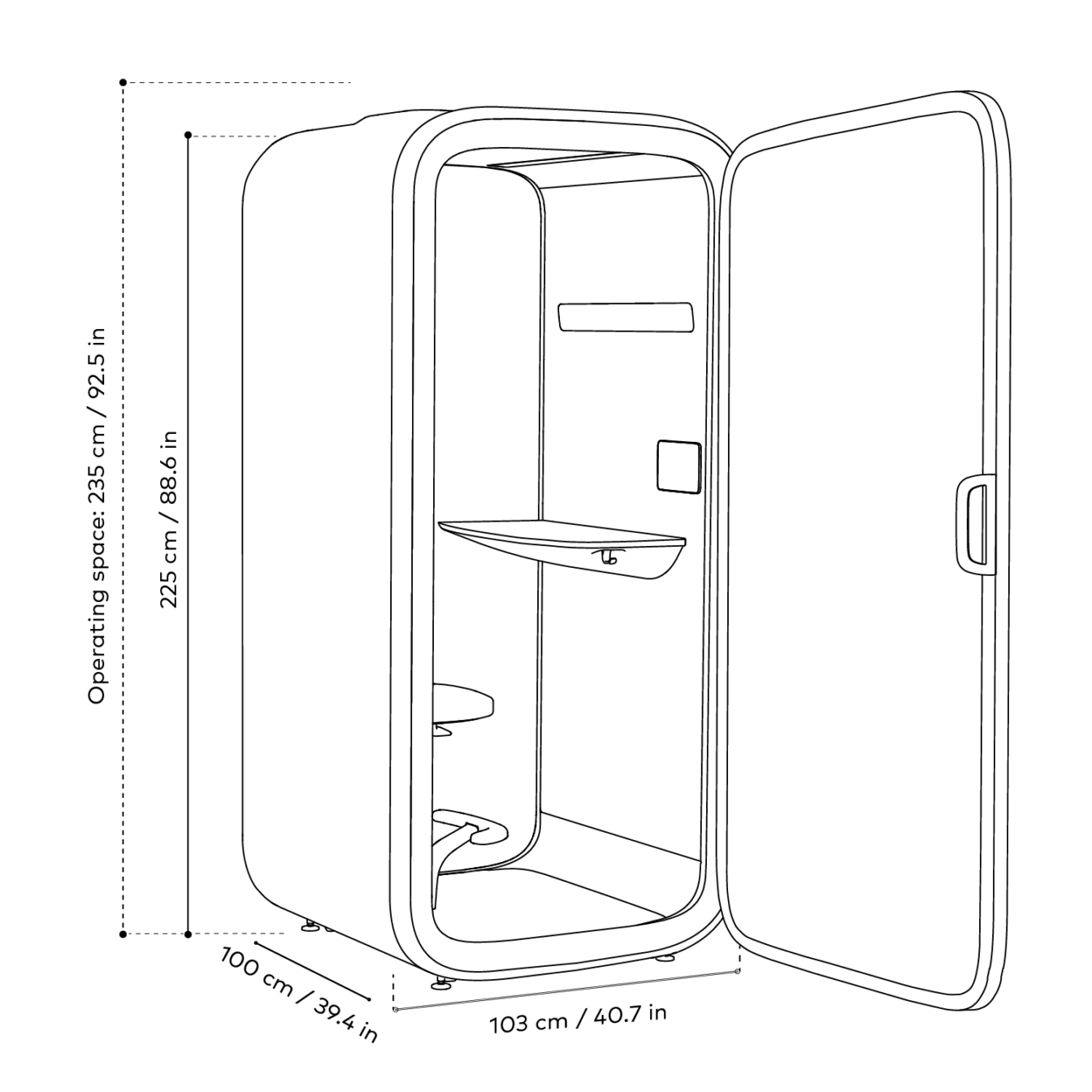 Dimensions and a line drawing of Framery One Compact smart pod.