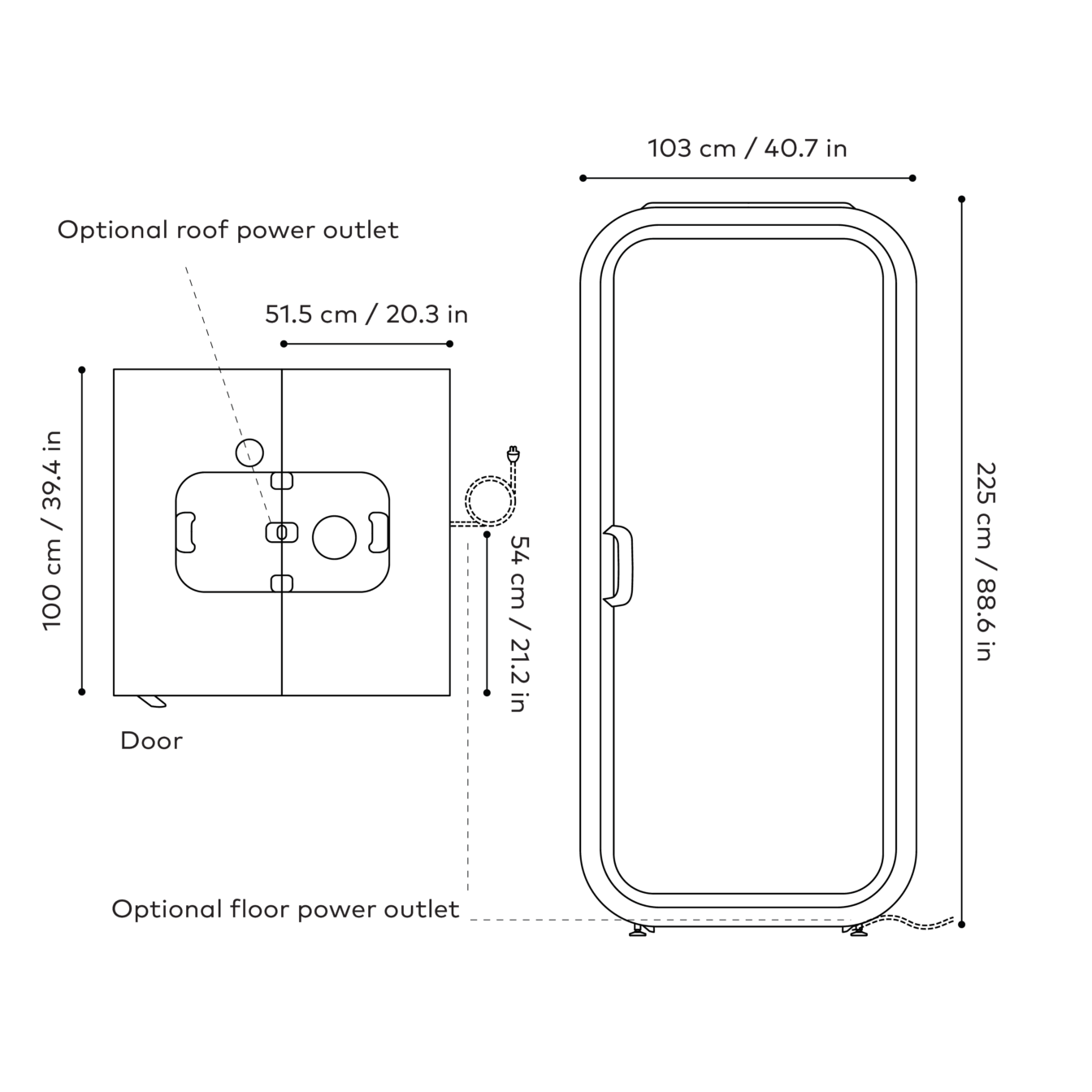 Line drawings of Framery One Compact with dimensions of its power cord specifications.