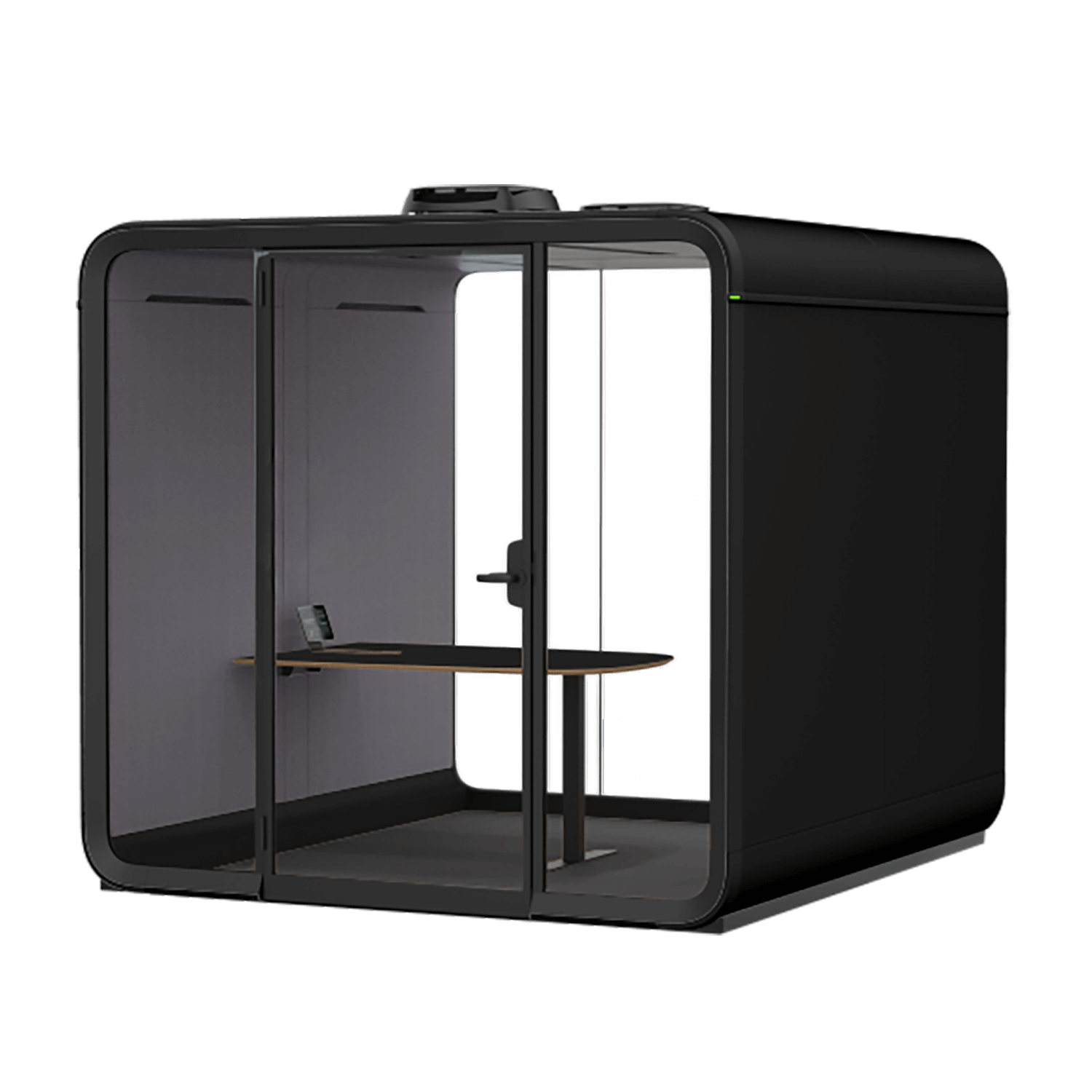A sleek, black Framery Six office pod with glass walls, featuring a desk and a digital device inside, providing a private workspace solution.