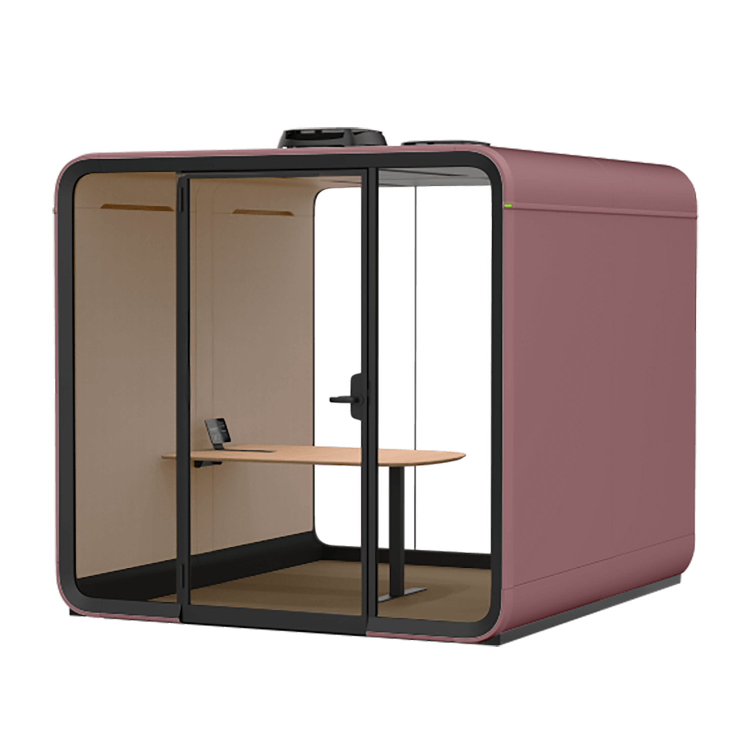 A blush colored Framery Six meeting pod with a glass door, wooden desk, and tablet inside. It's designed for private work or meetings.