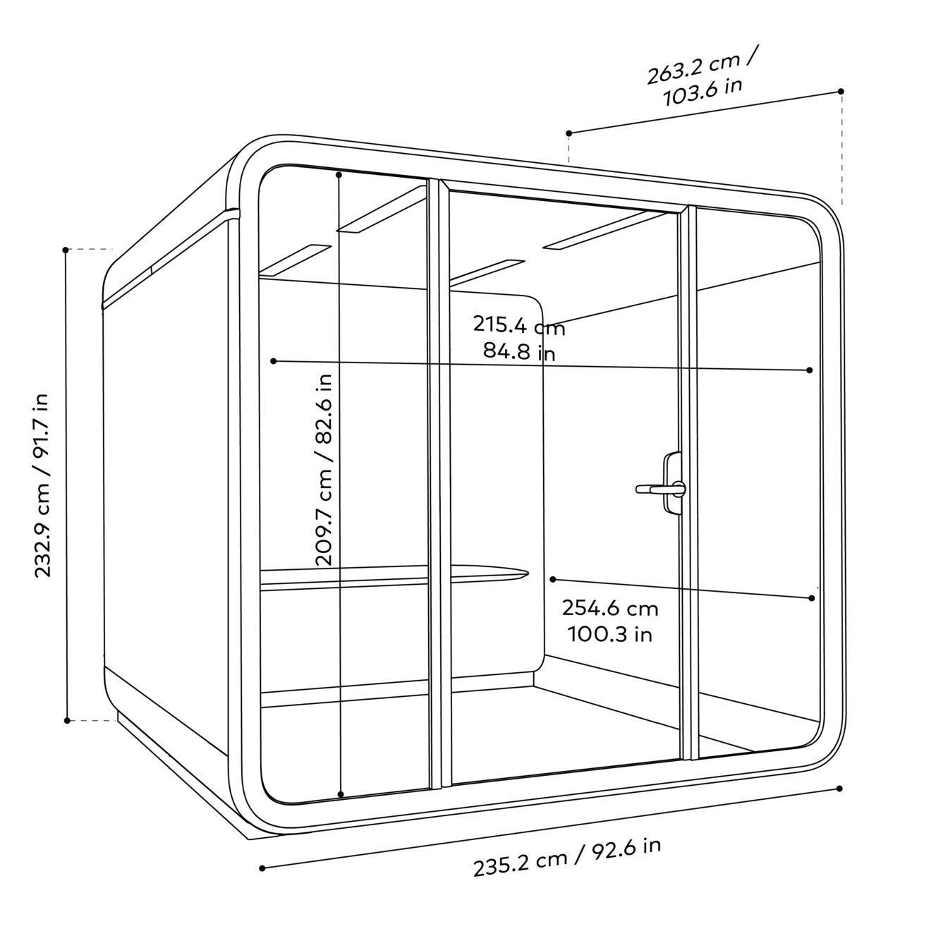 Framery Six meeting pod line drawings with main dimensions in centimeters and inches.
