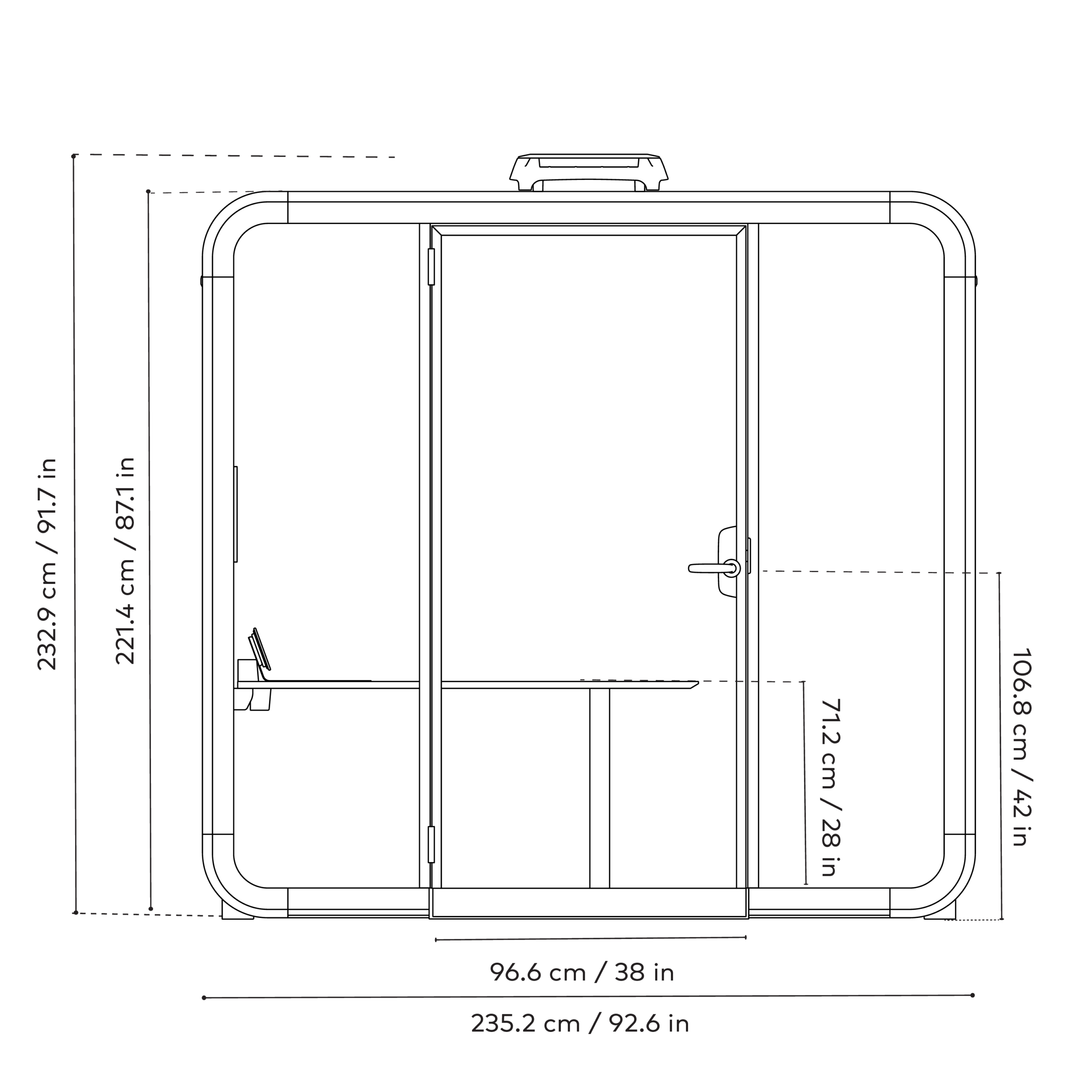 Dimensions and line drawing of Framery Six meeting space, front view.