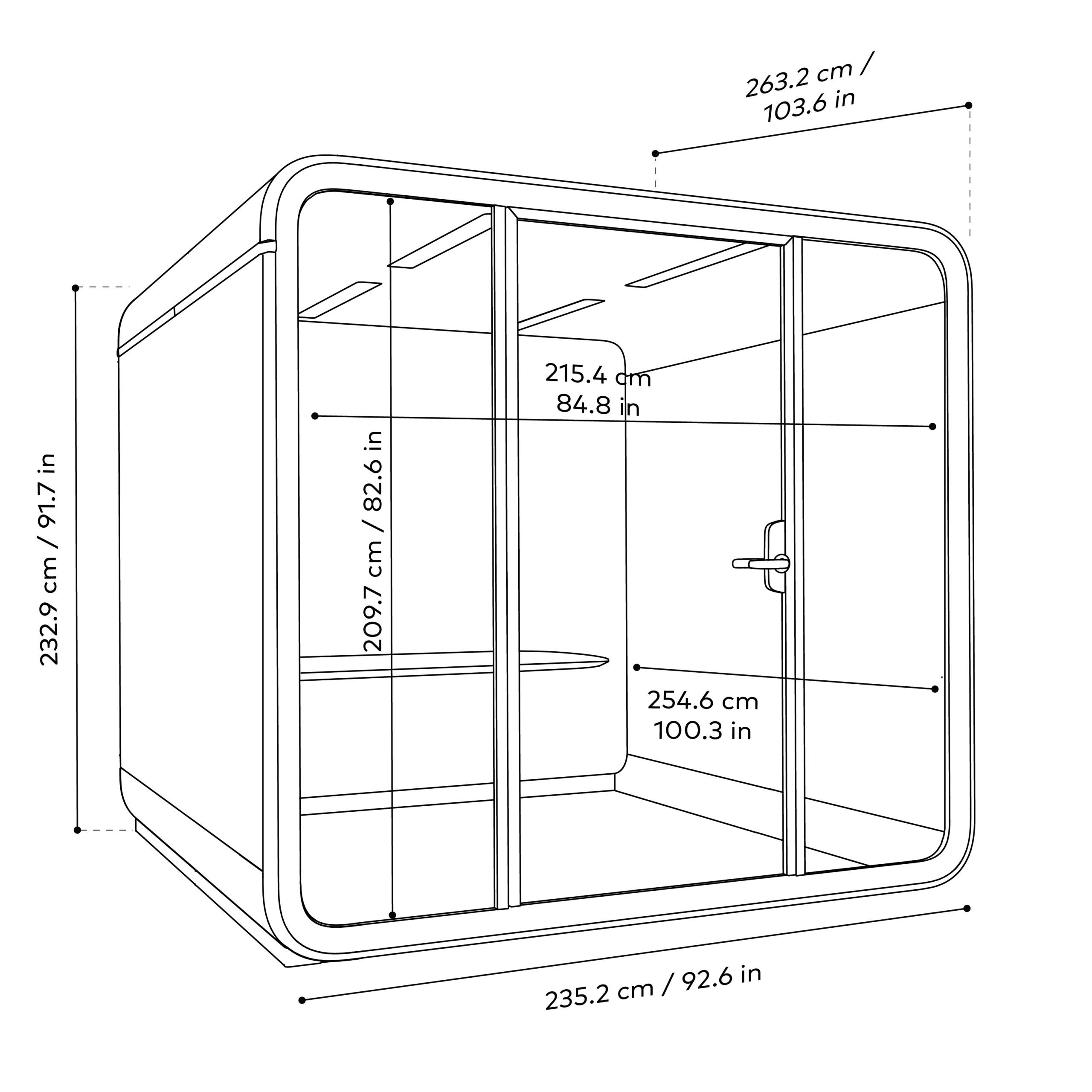 Dimensions and line drawing of Framery Six meeting space, side view.