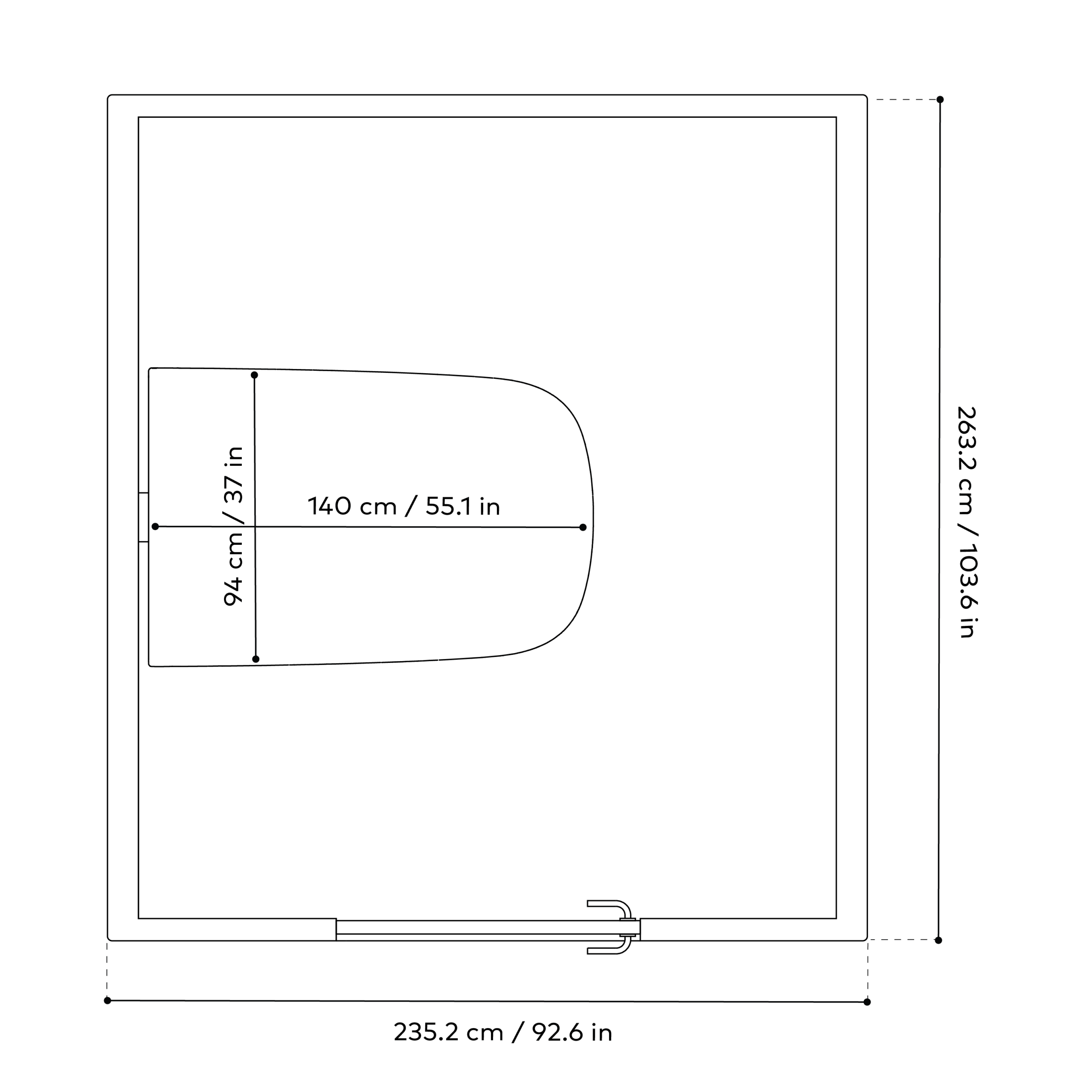 Dimensions and line drawing of Framery Six meeting space, top view.