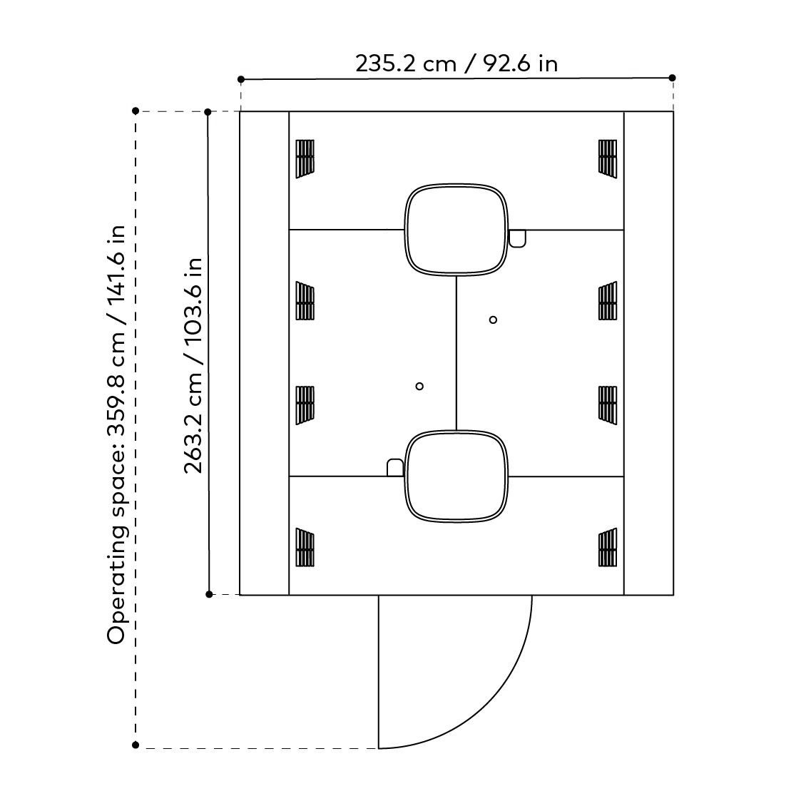 Technical drawing of Framery Six smart meeting pod from top view, with door operating space measurements.