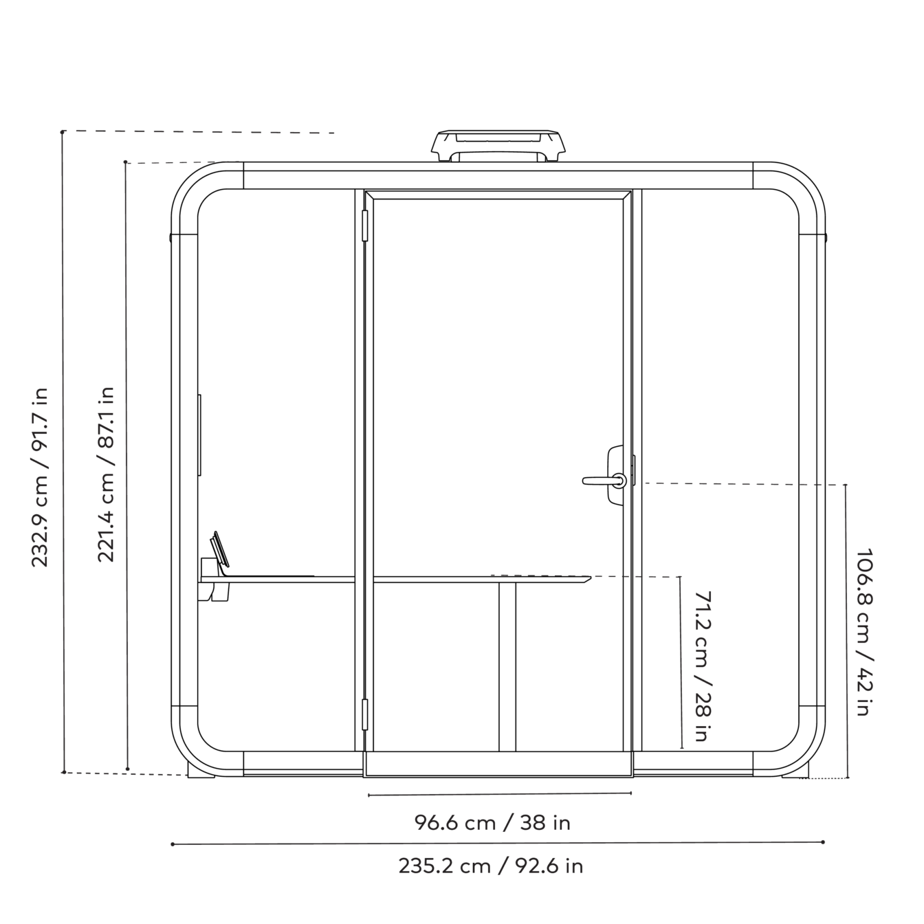 A diagram illustrating the dimensions and layout of a Framery Six meeting pos with precise measurements in centimeters and inches for height, width, and depth.