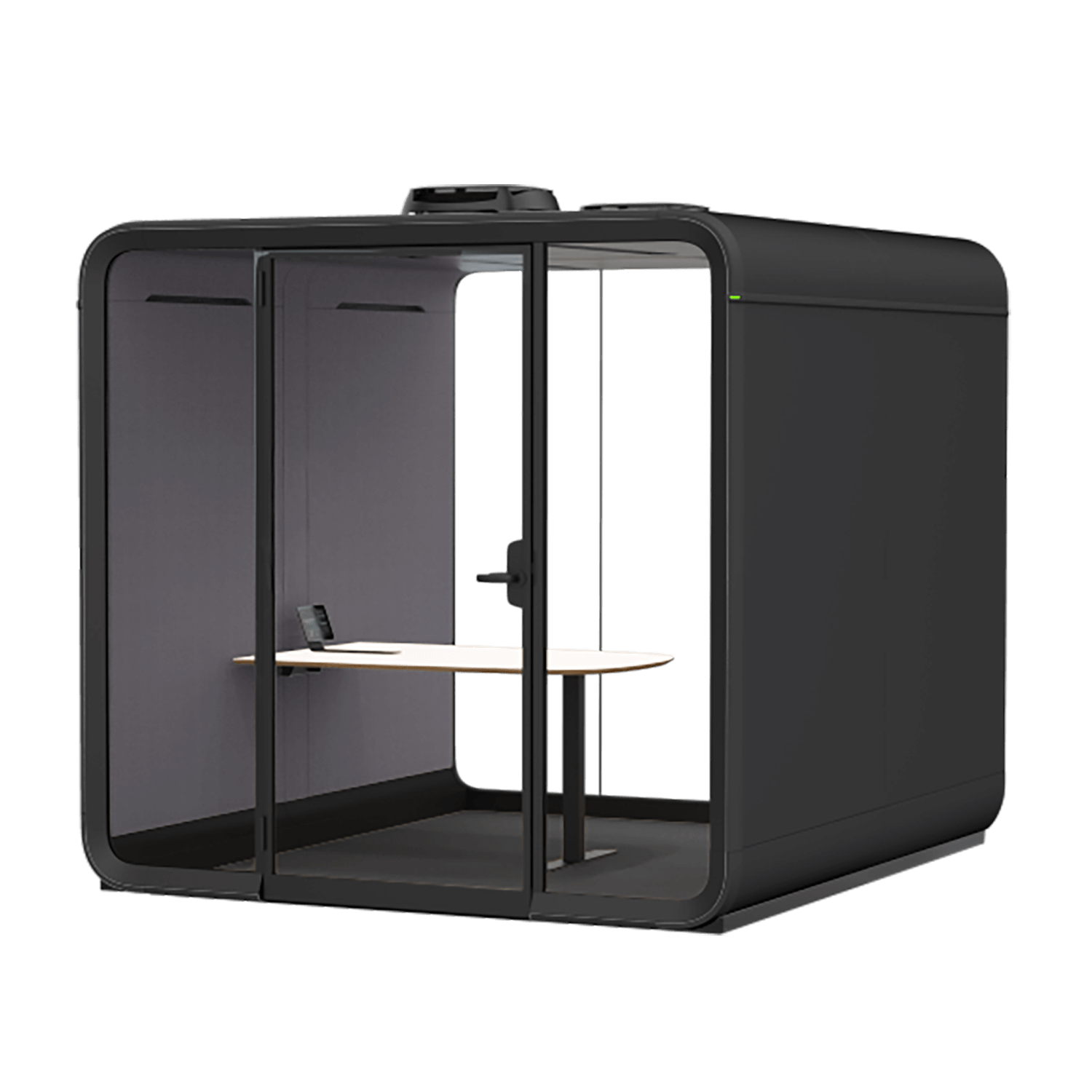 A modern, sleek Framery Six office pod with glass walls, featuring a wooden meeting desk, designed for private work or meetings.