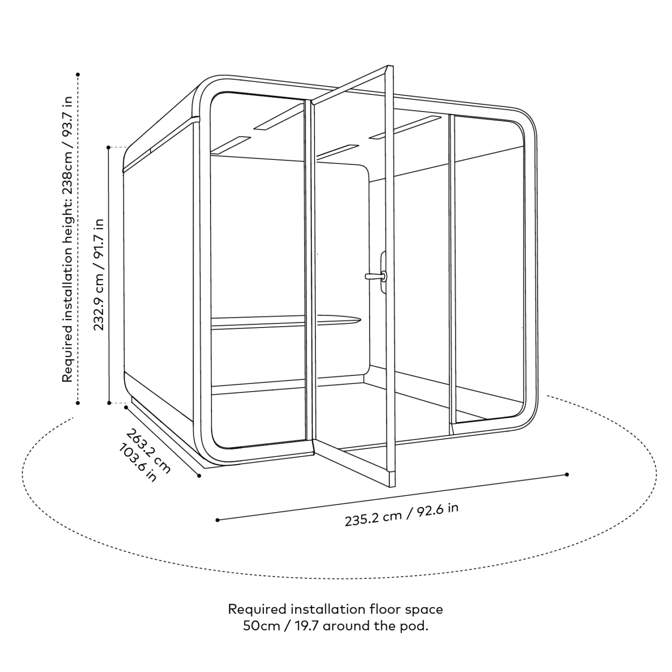 Technical drawing of Framery Six meeting pod, with dimensions of its installation space in cm and inches.