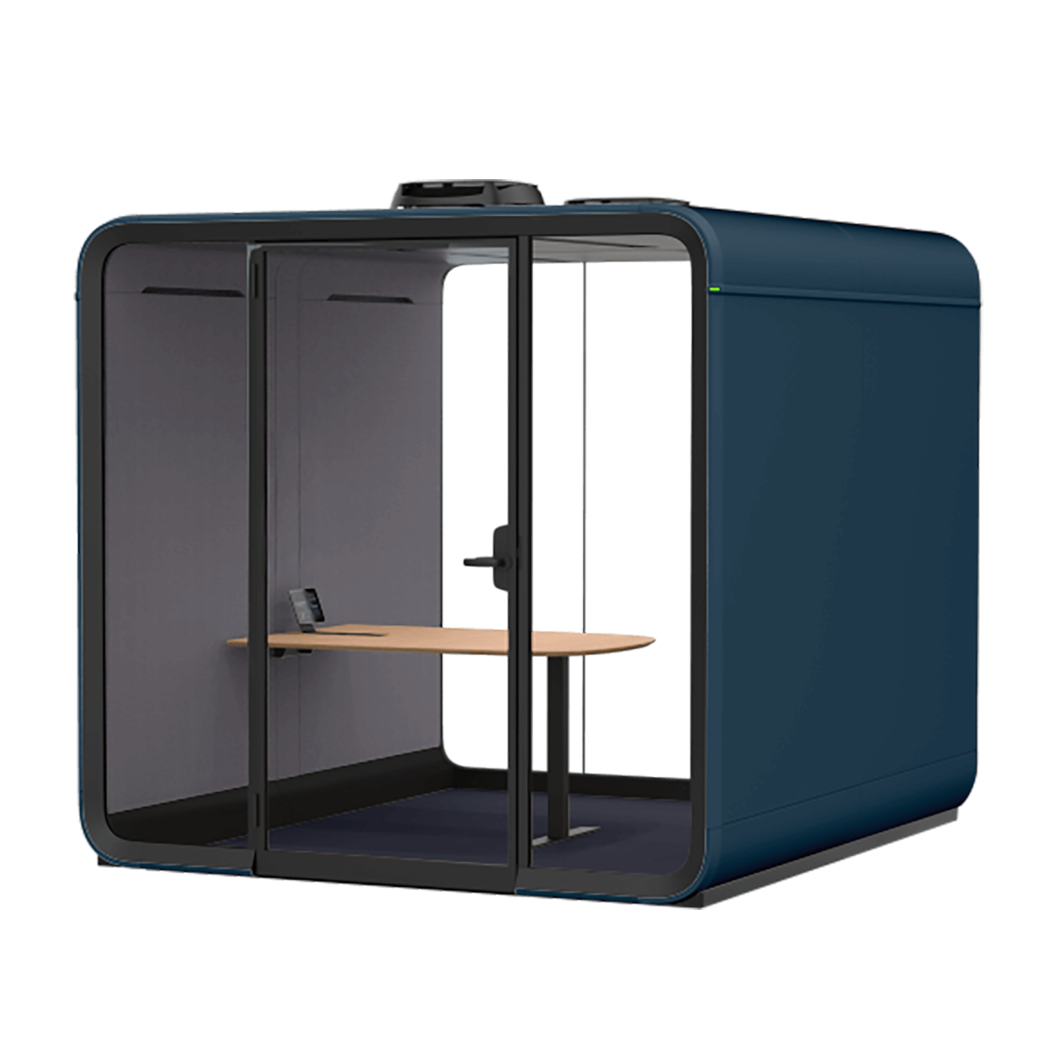 A modern Framery Six office pod with a table and glass door, designed for privacy. Compact and minimalist, suitable for quiet workspaces.