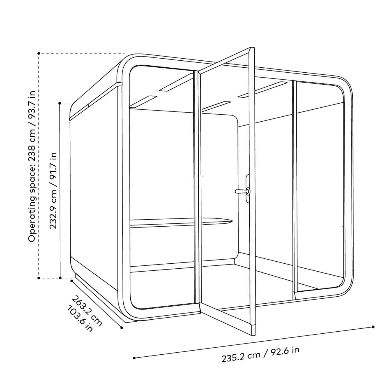 Technical drawing of Framery Six smart meeting pod with operating space measurements.