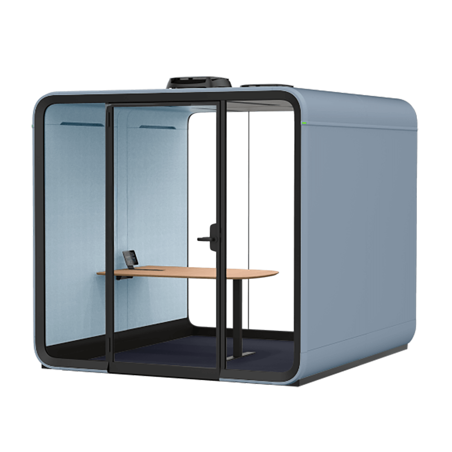 A Framery Six meeting pod with glass doors, light blue interior, and wooden desk, designed for privacy and productivity in workspaces. Compact and stylish design.