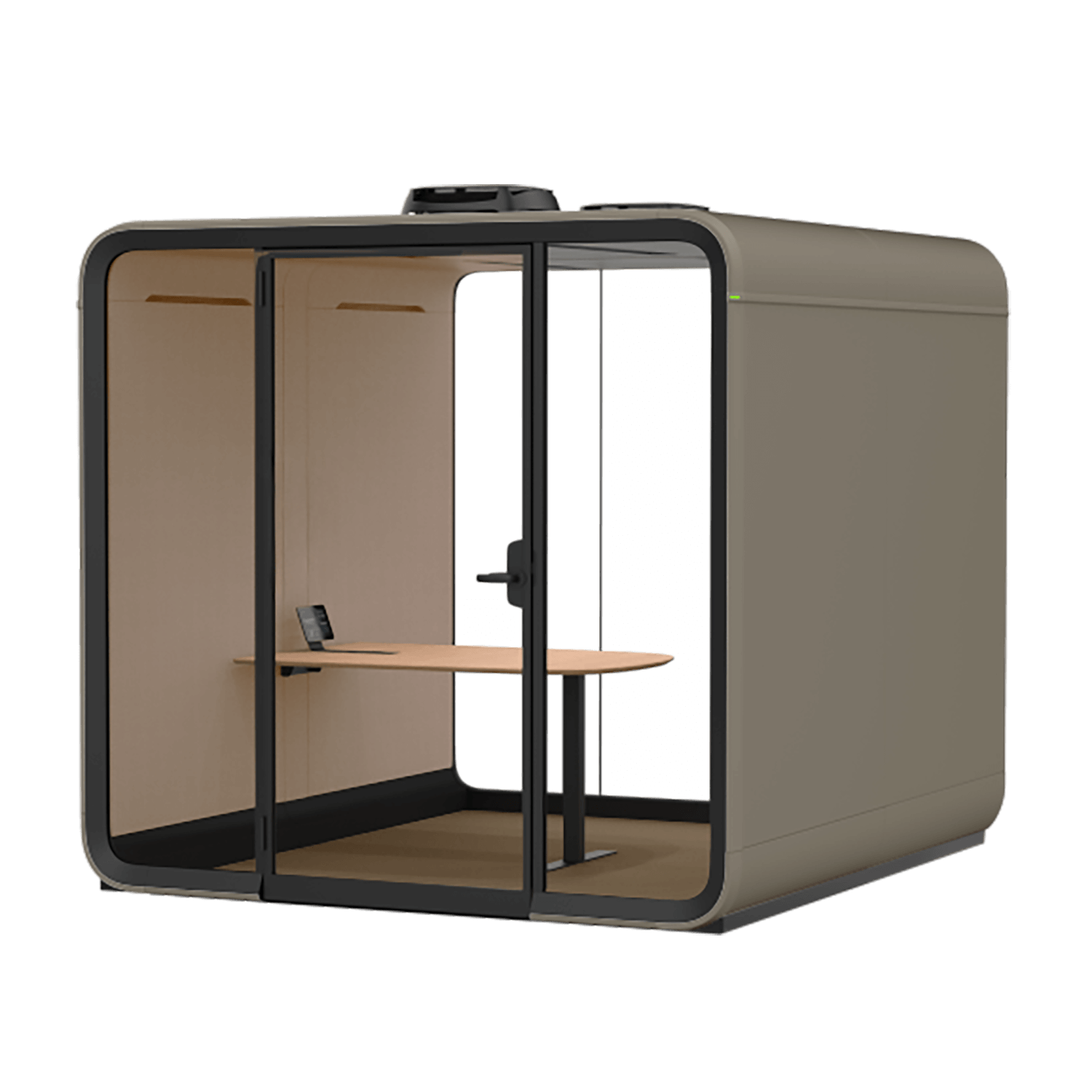 A Framery Six office meeting pod with glass walls and a curved design, featuring a wooden desk and digital device, ideal for private meetings or work.