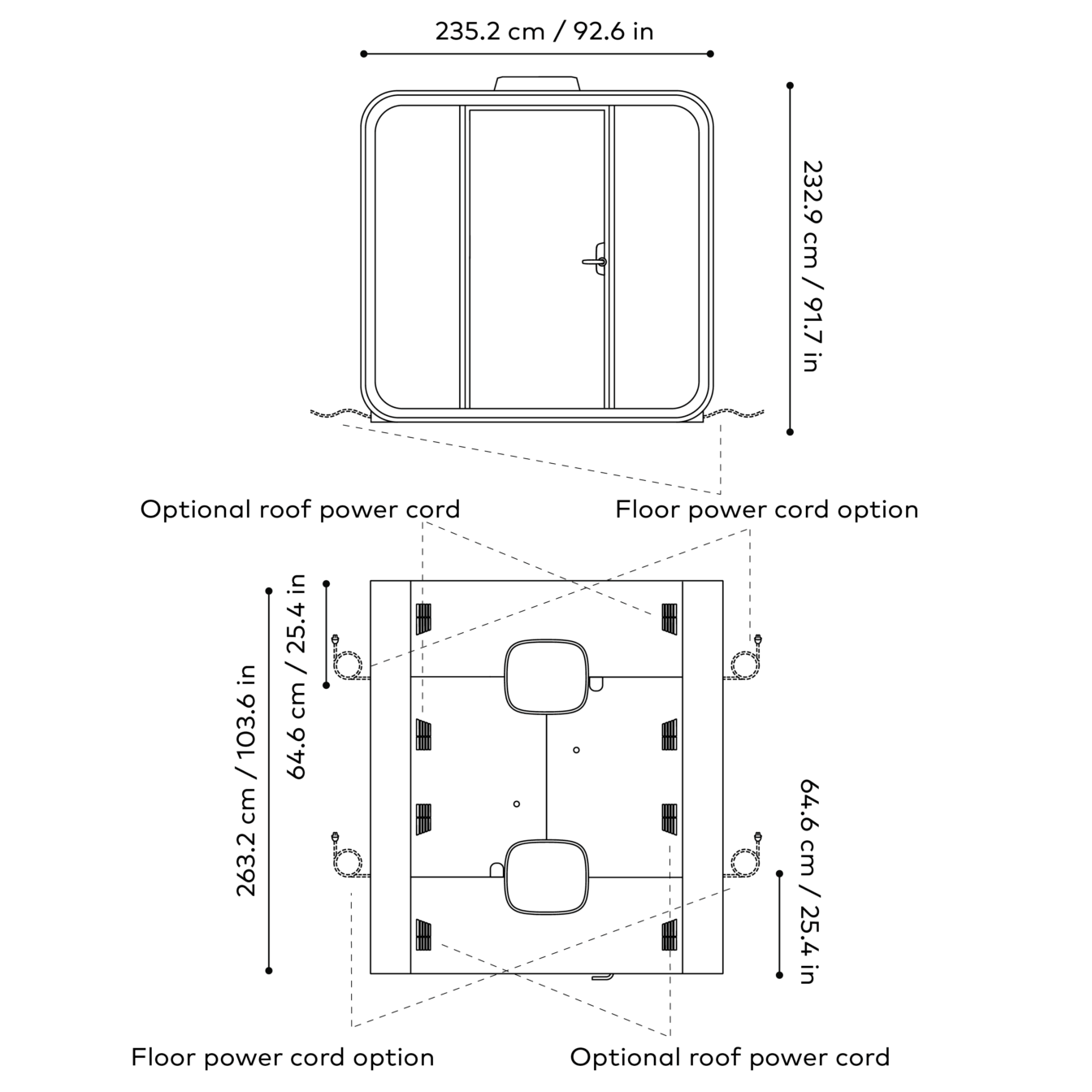 Technical drawing of Framery Six smart meeting pod with power cord specifications and measurements.
