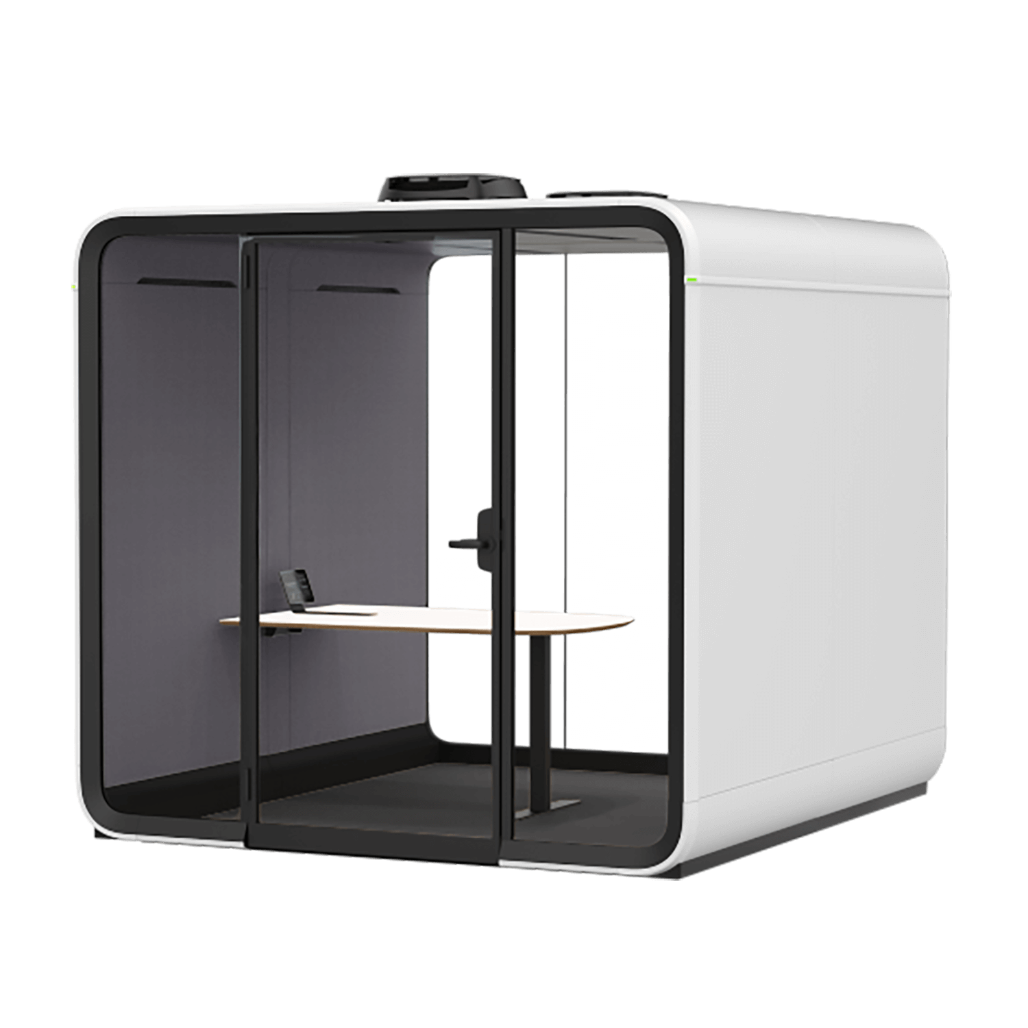 A sleek, modern Framery Six office pod with a desk inside, featuring glass walls and a minimalist design, suitable for private work meetings.