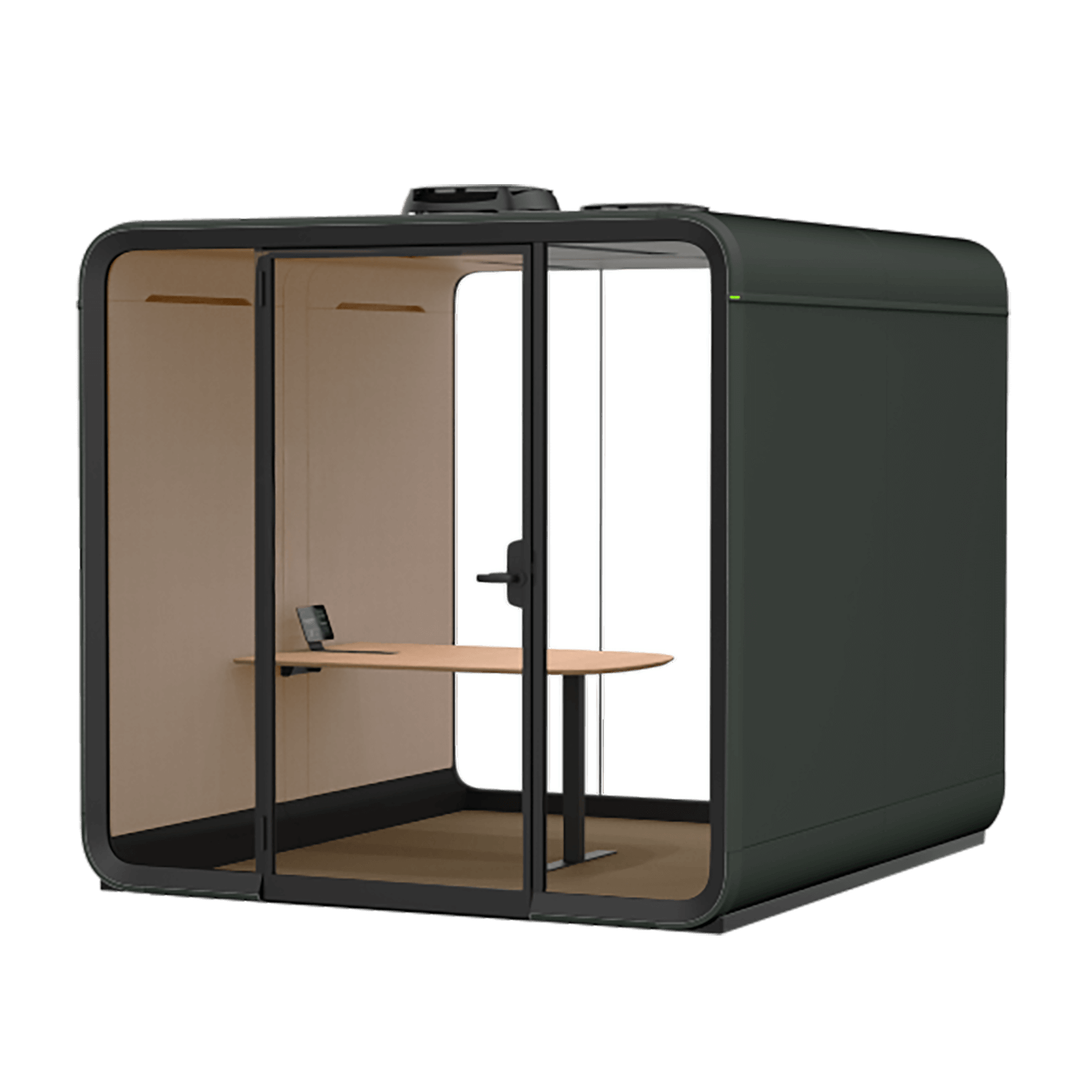 A moss green Framery Six meeting pod with glass doors, featuring a wooden desk and digital device inside. Ideal for quiet, private workspaces in offices.